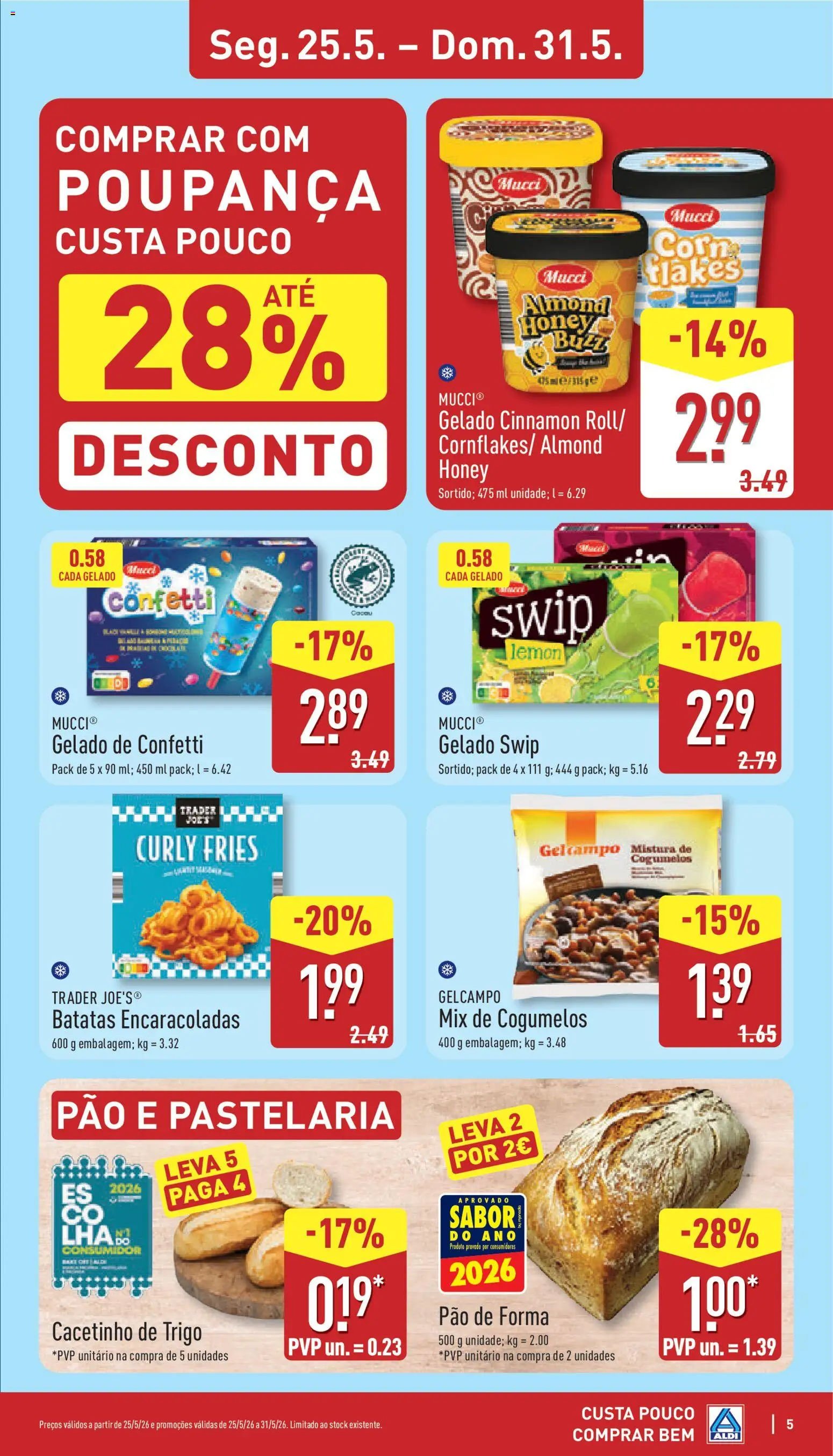 Aldi folheto │ válido de 25.05.2026 | Página: 5 | Produtos: Pão de forma, Gelado, Pão, Cogumelos