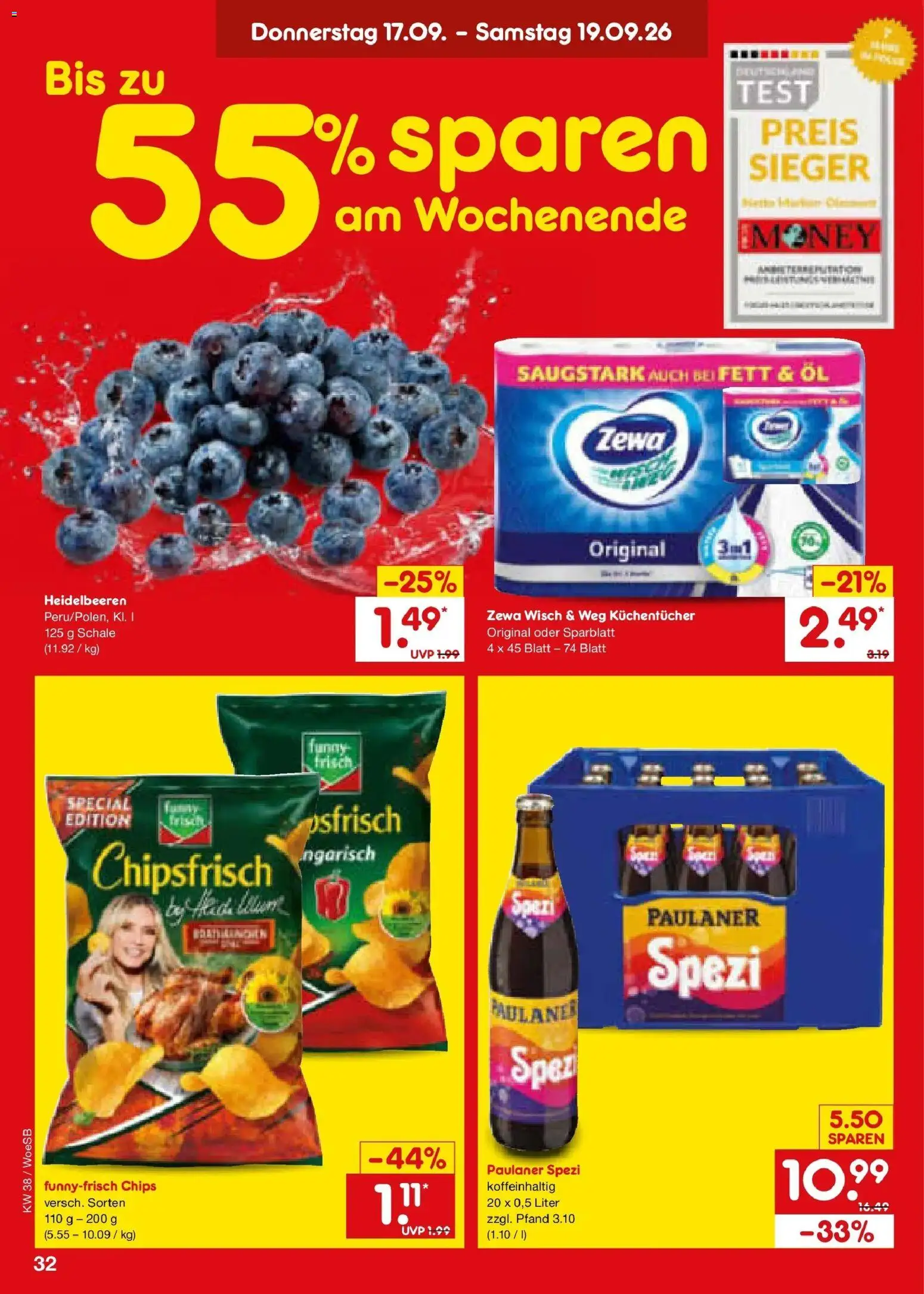 Netto Marken-Discount Prospekt Gemmingen – gültig ab 14.09.2026 | Seite: 46 | Produkte: Paulaner spezi, Heidelbeeren, Chips, Paulaner