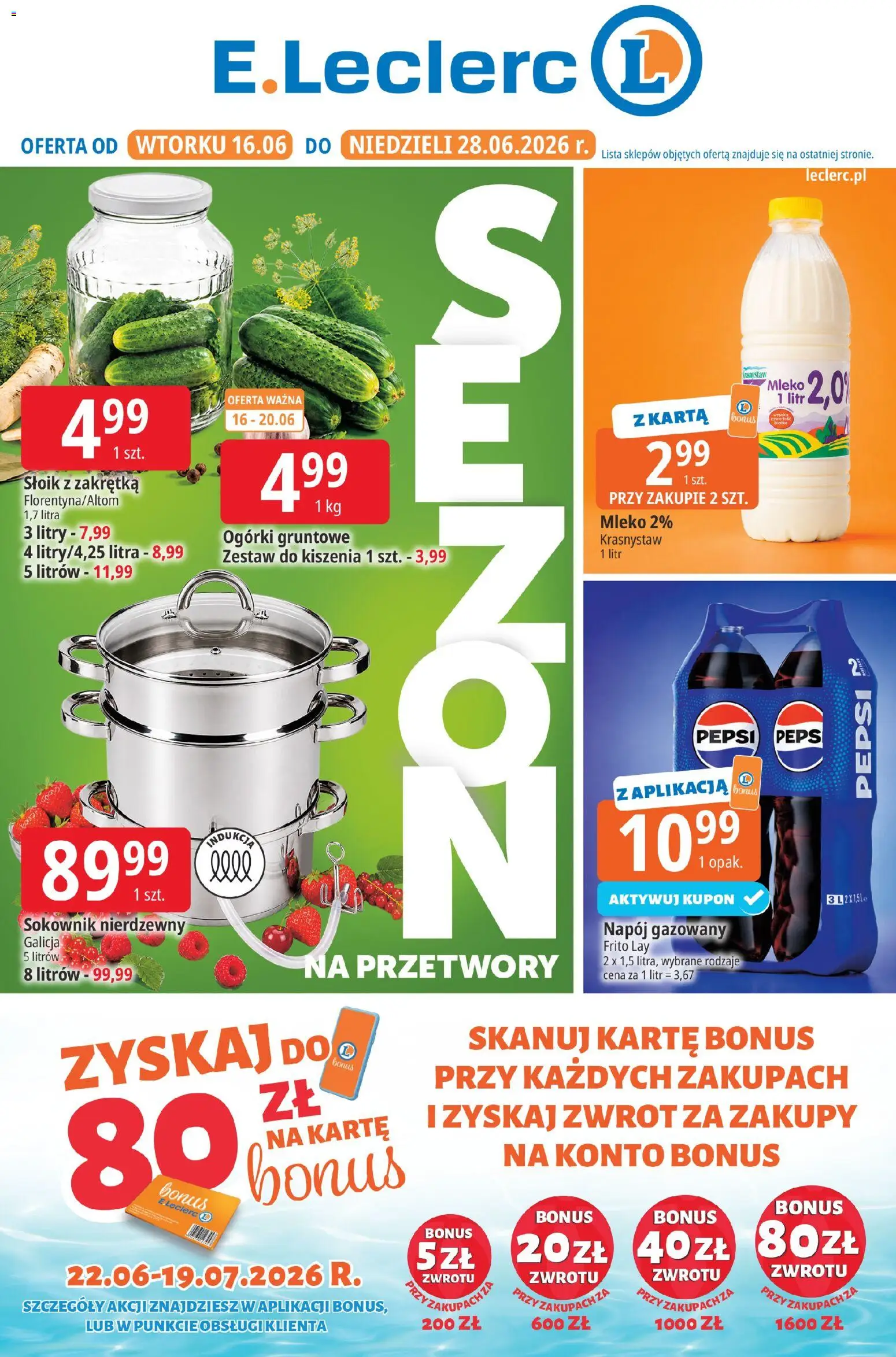 E.Leclerc gazetka - Zielona Góra od 16.06.2026 | Strona: 1 | Produkty: Karta, Pepsi, Ogórki gruntowe, Sokownik