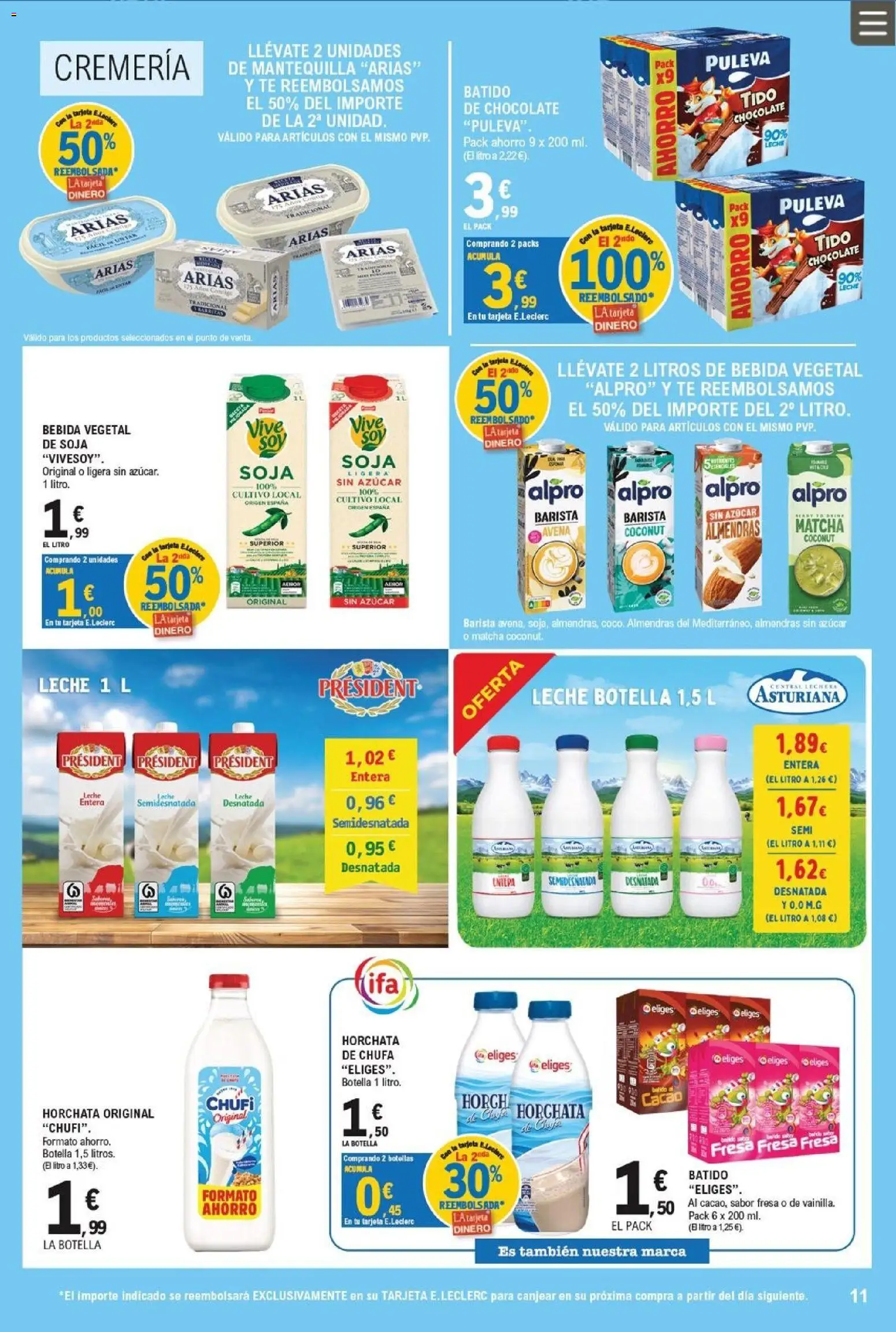 E.Leclerc Trujillo │ válido desde el 26/08/2026 | Página: 11 | Productos: Leche desnatada, Chocolate, Almendras, Azúcar