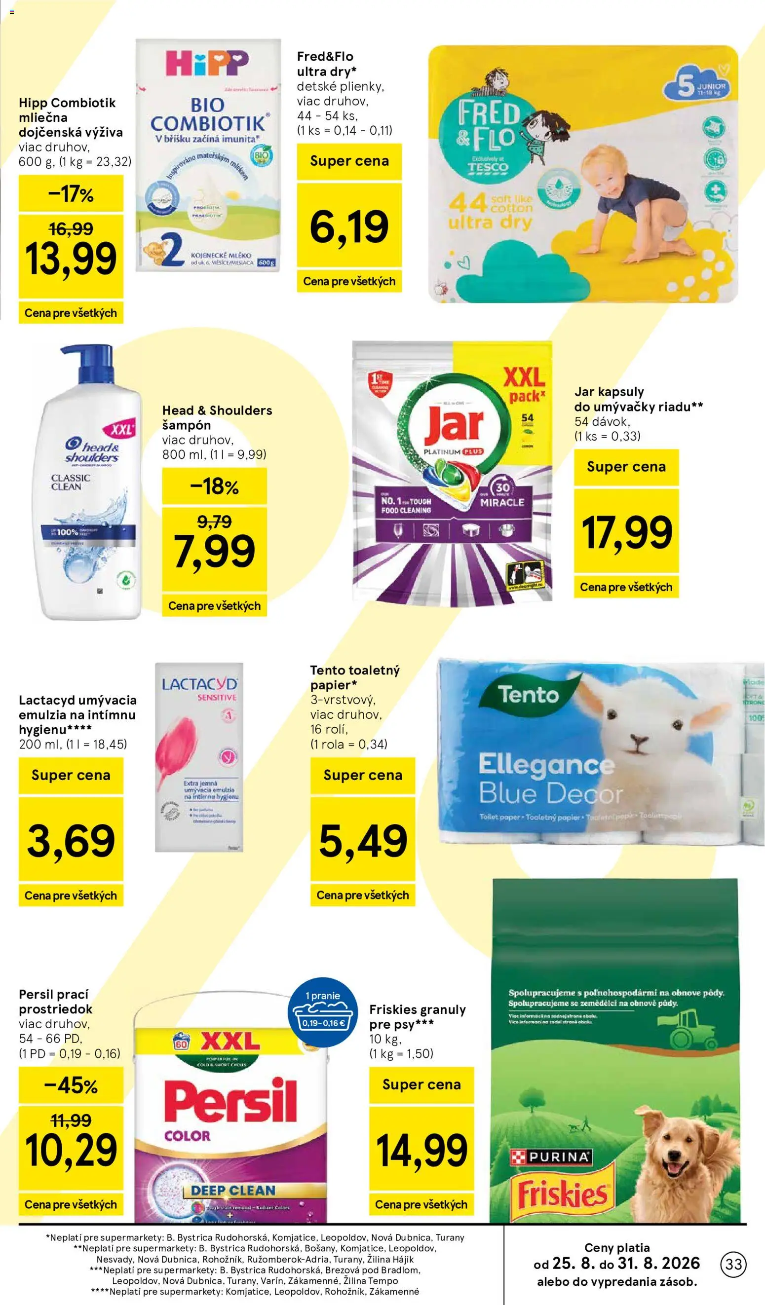Nové Tesco akcie – leták je platný od 26.08.2026 | Strana: 33 | Produkty: Friskies, Persil, Šampón, Granule
