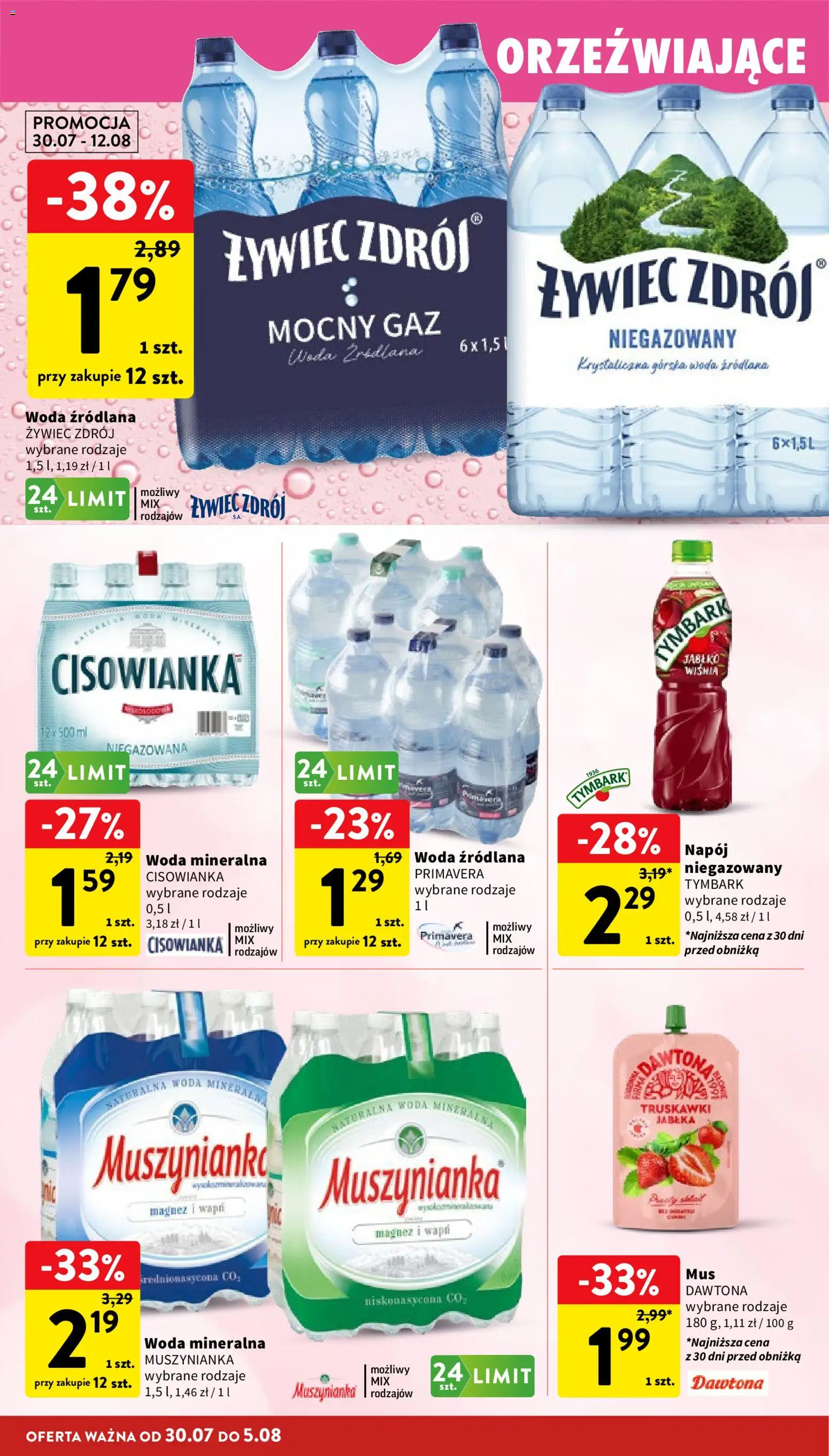 Intermarche gazetka od 30.07.2026 | Strona: 34 | Produkty: Cisowianka, Tymbark, Muszynianka, Truskawki