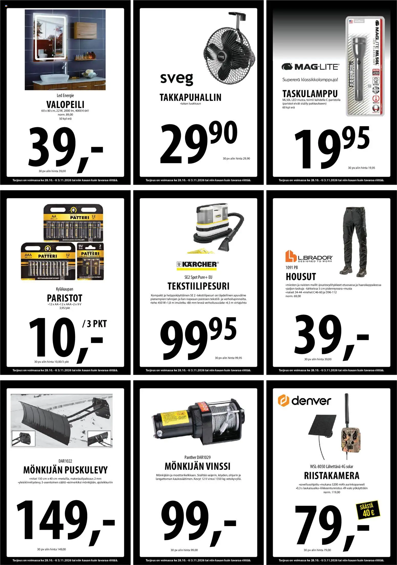 Tuuri tarjoukset – voimassa 28/10/2026 alkaen | Sivu: 23 | Tuotteet: Patteri, Paristot, Housut, Taskulamppu