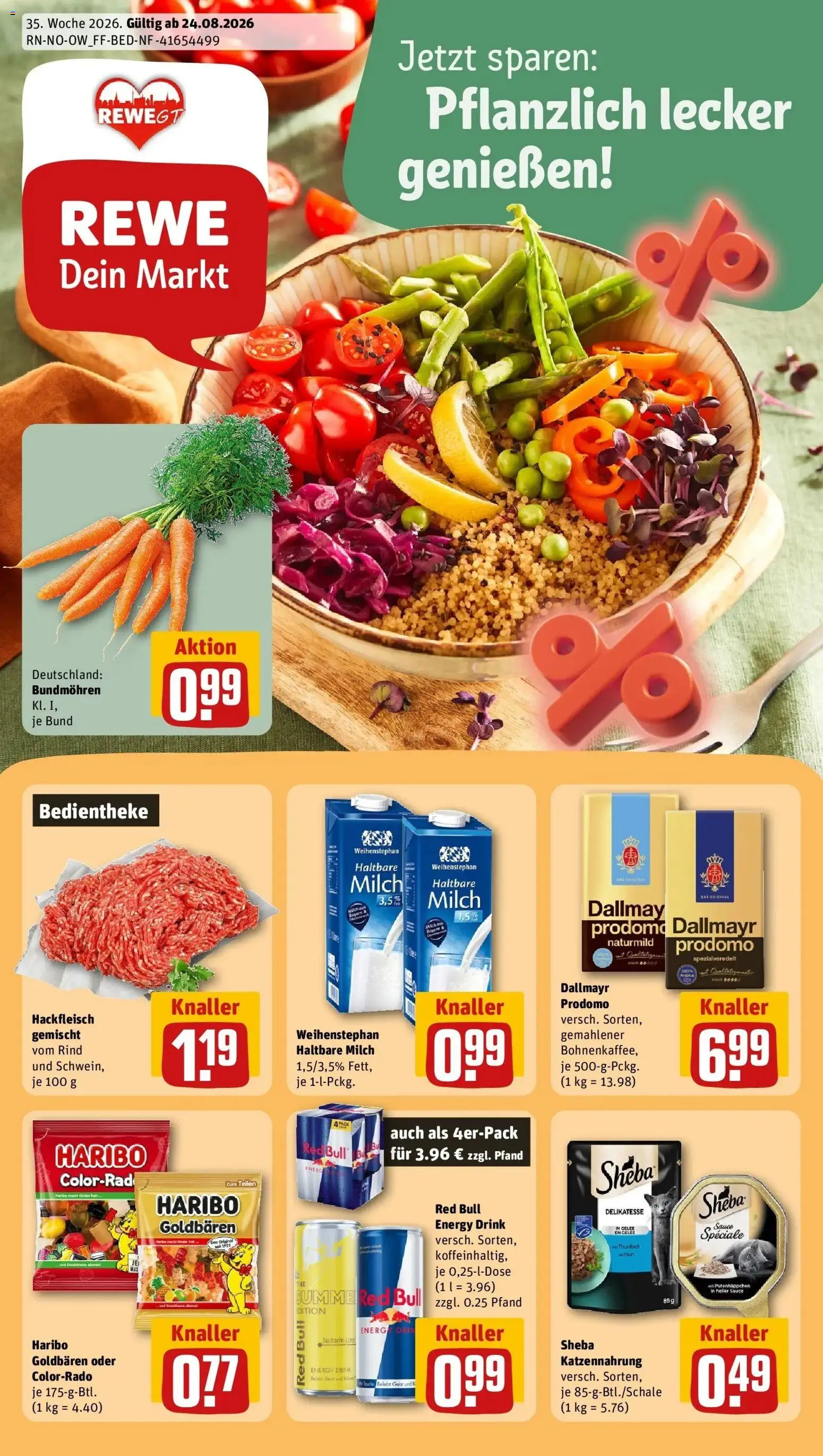 REWE Prospekt ab 24.08.2026 zum Blättern » Angebote | Seite: 1 | Produkte: Red bull, Milch, Thunfisch, Dallmayr