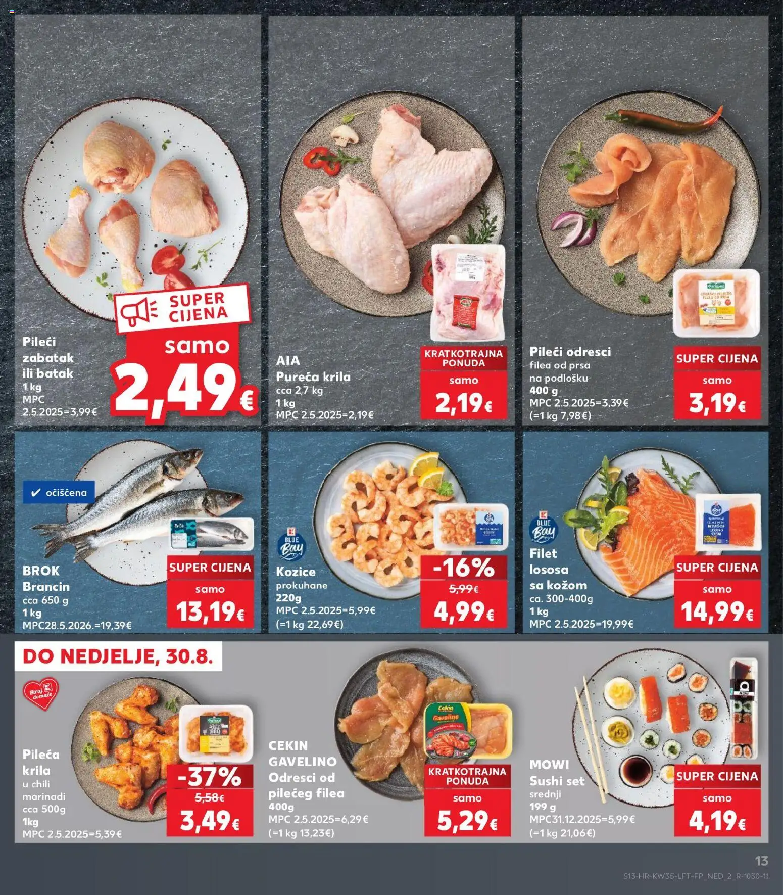 Kaufland katalog | vrijedi od 26.08.2026 | Stranica: 13 | Proizvodi: Pileća krila, Sushi, Brancin, Filet lososa