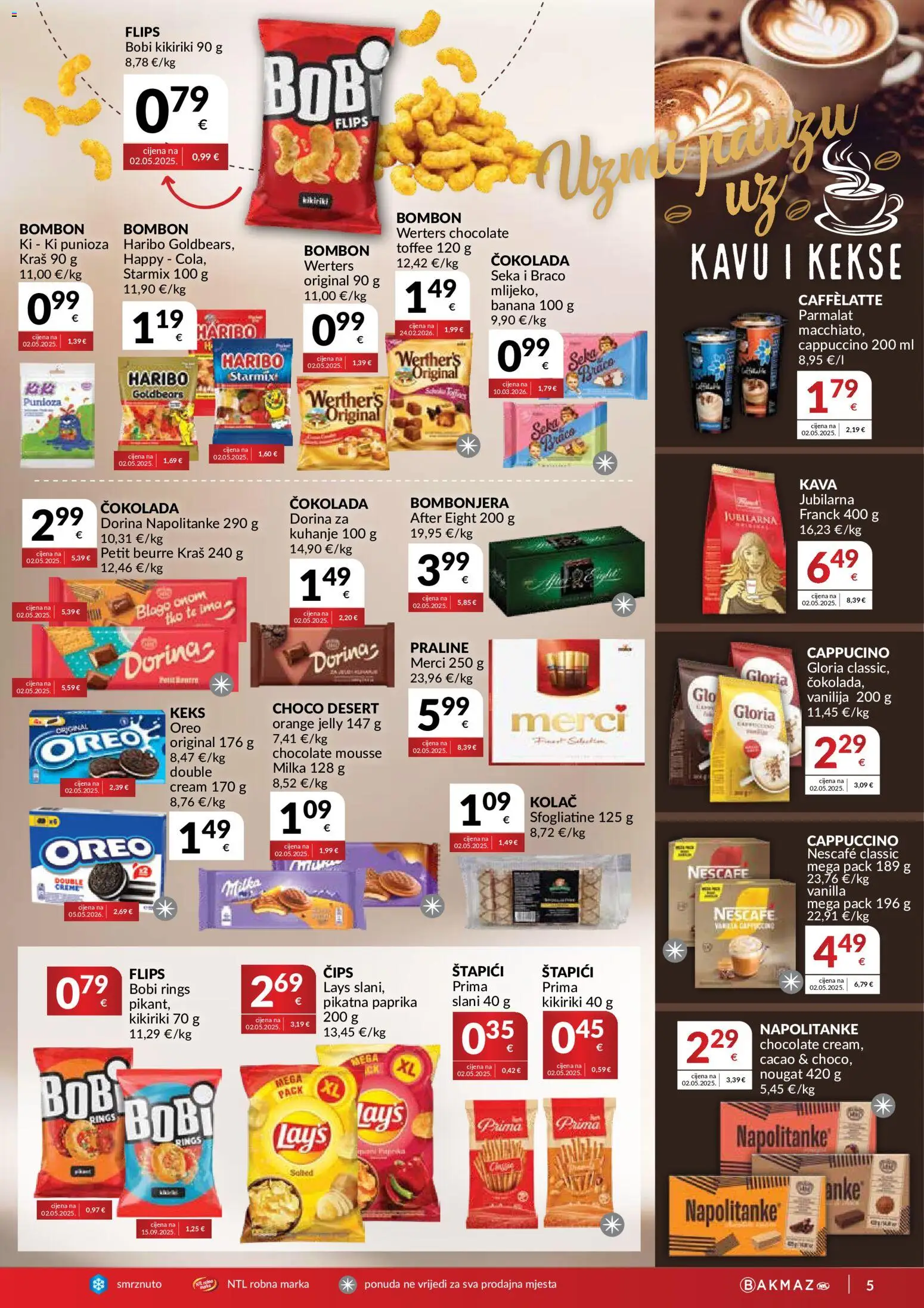 Bakmaz katalog | vrijedi od 10.06.2026 | Stranica: 5 | Proizvodi: Praline, Čips, Merci, Napolitanke
