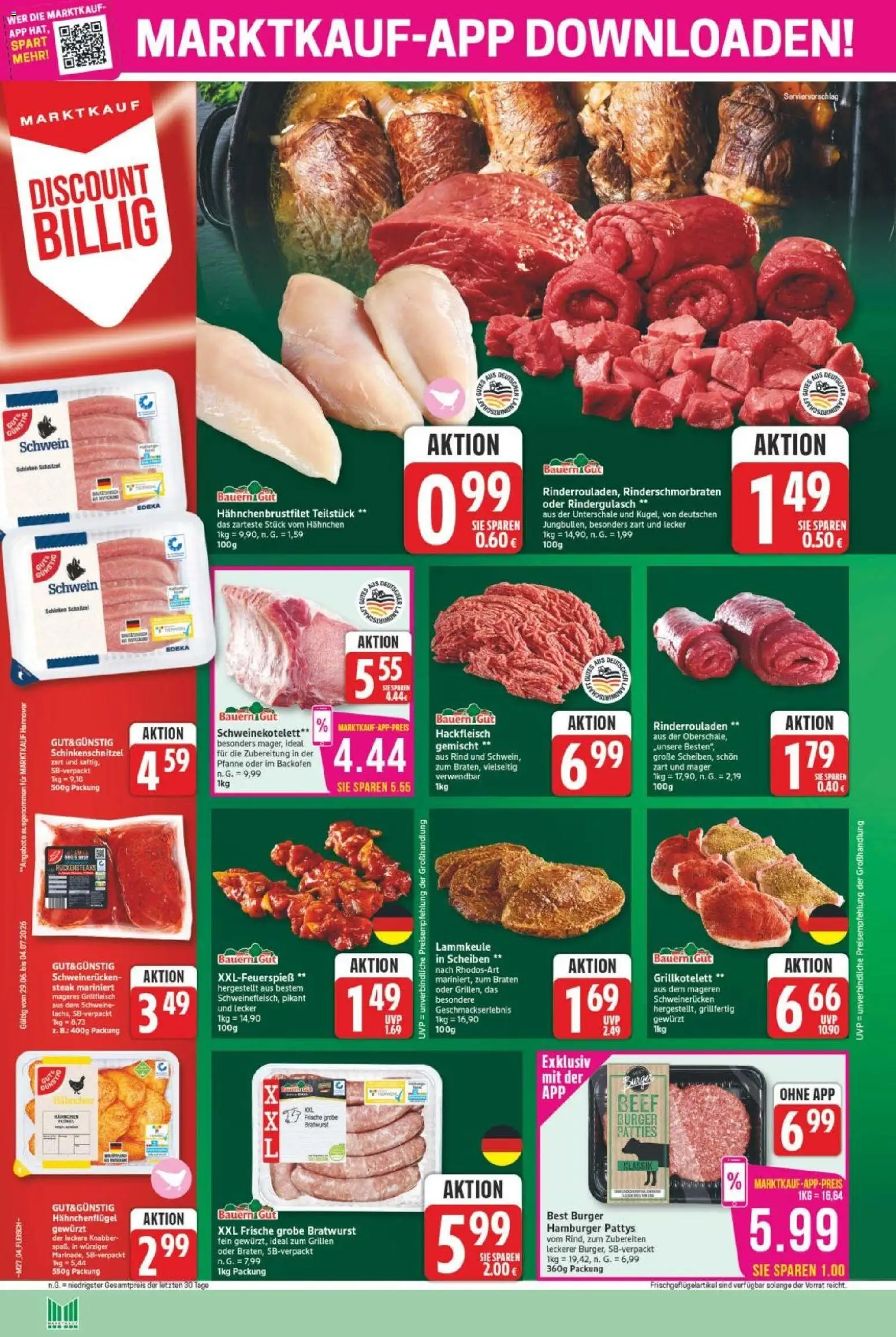 Marktkauf Prospekt – gültig ab 29.06.2026 | Seite: 4 | Produkte: Rinderrouladen, Hahnchen, Grillfleisch, Schweinerucken
