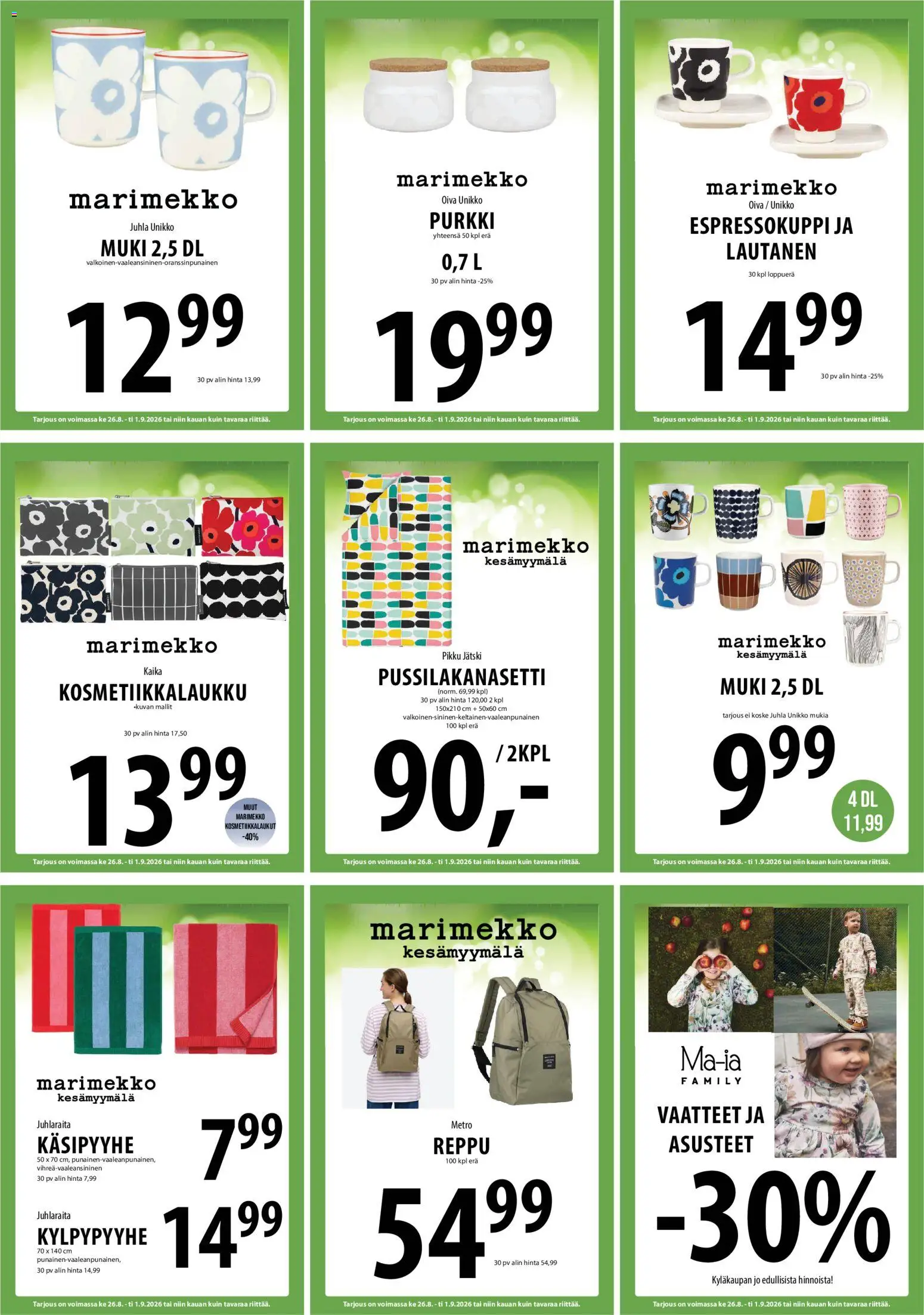 Sale tarjoukset – voimassa 26/08/2026 alkaen | Sivu: 10 | Tuotteet: Pussilakanasetti, Muki, Vaatteet, Reppu