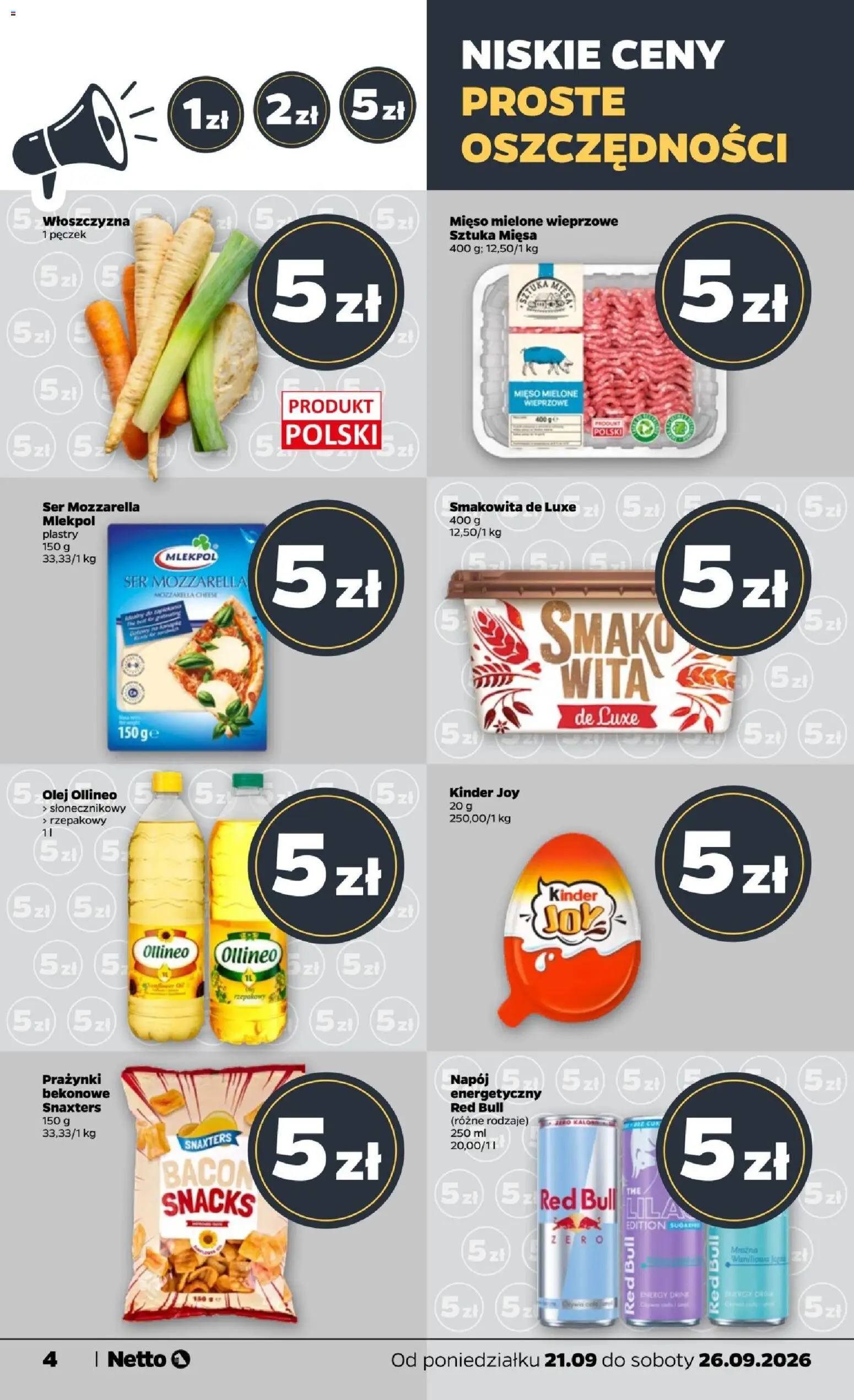 Netto gazetka od poniedziałku od 21.09.2026 | Strona: 4 | Produkty: Red bull, Mięso mielone, Olej, Mozzarella