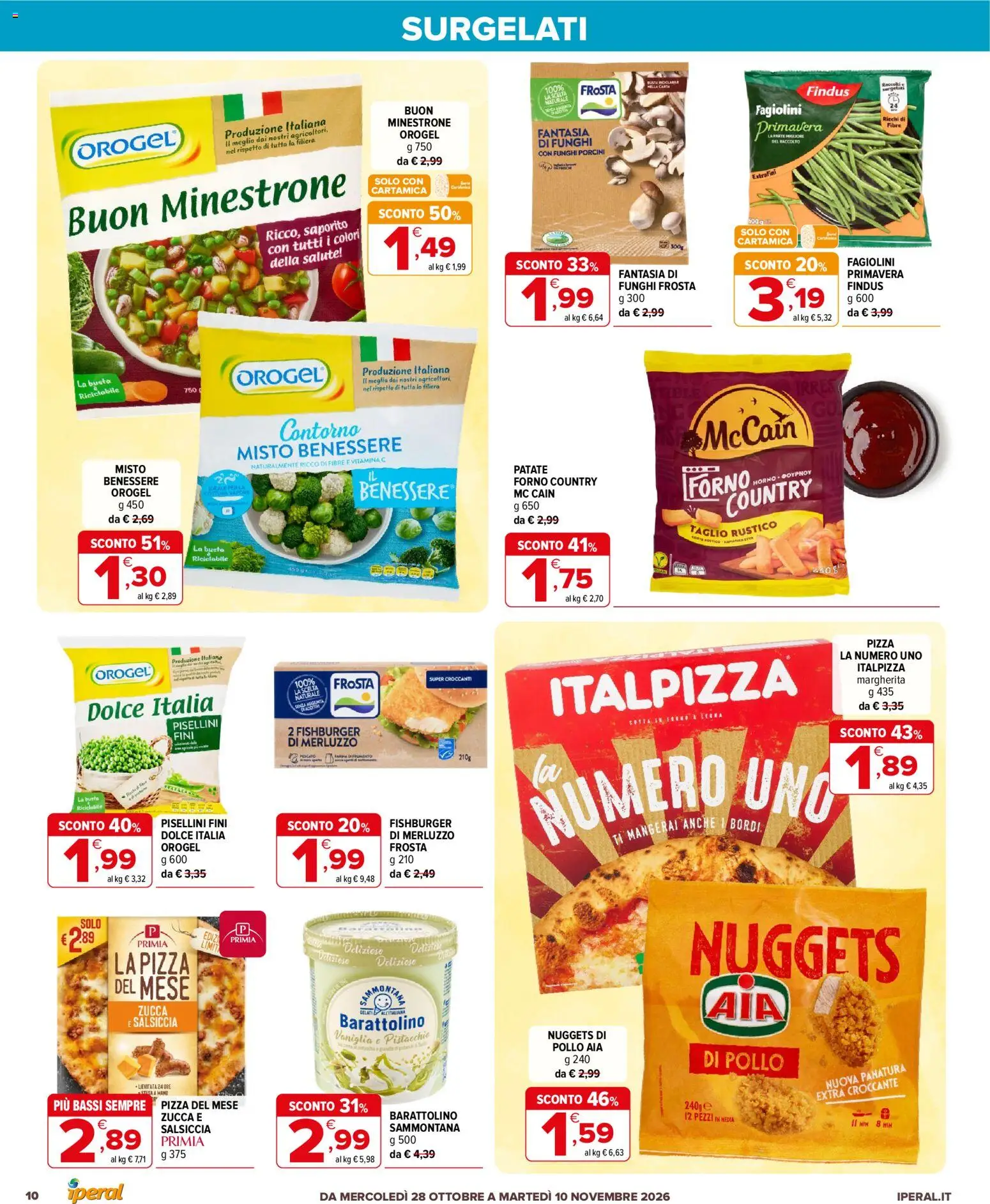 Volantino Iperal del 28/10/2026 | Pagina: 10 | Prodotti: Merluzzo, Taglio, Funghi, Forno