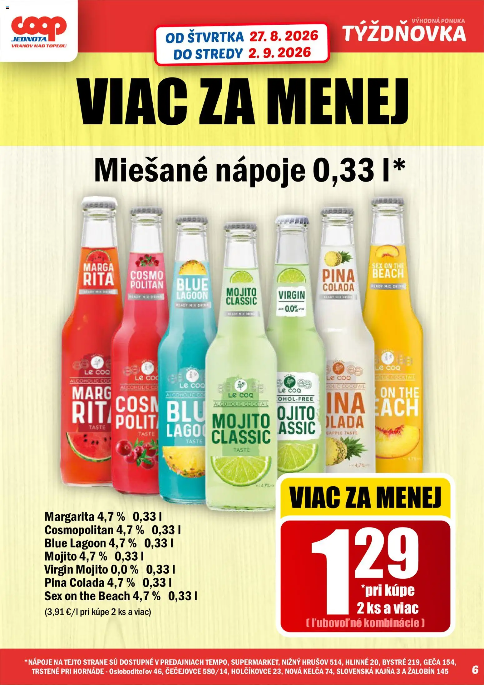 Nové COOP Jednota akcie – leták je platný od 27.08.2026 | Strana: 6 | Produkty: Nápoje