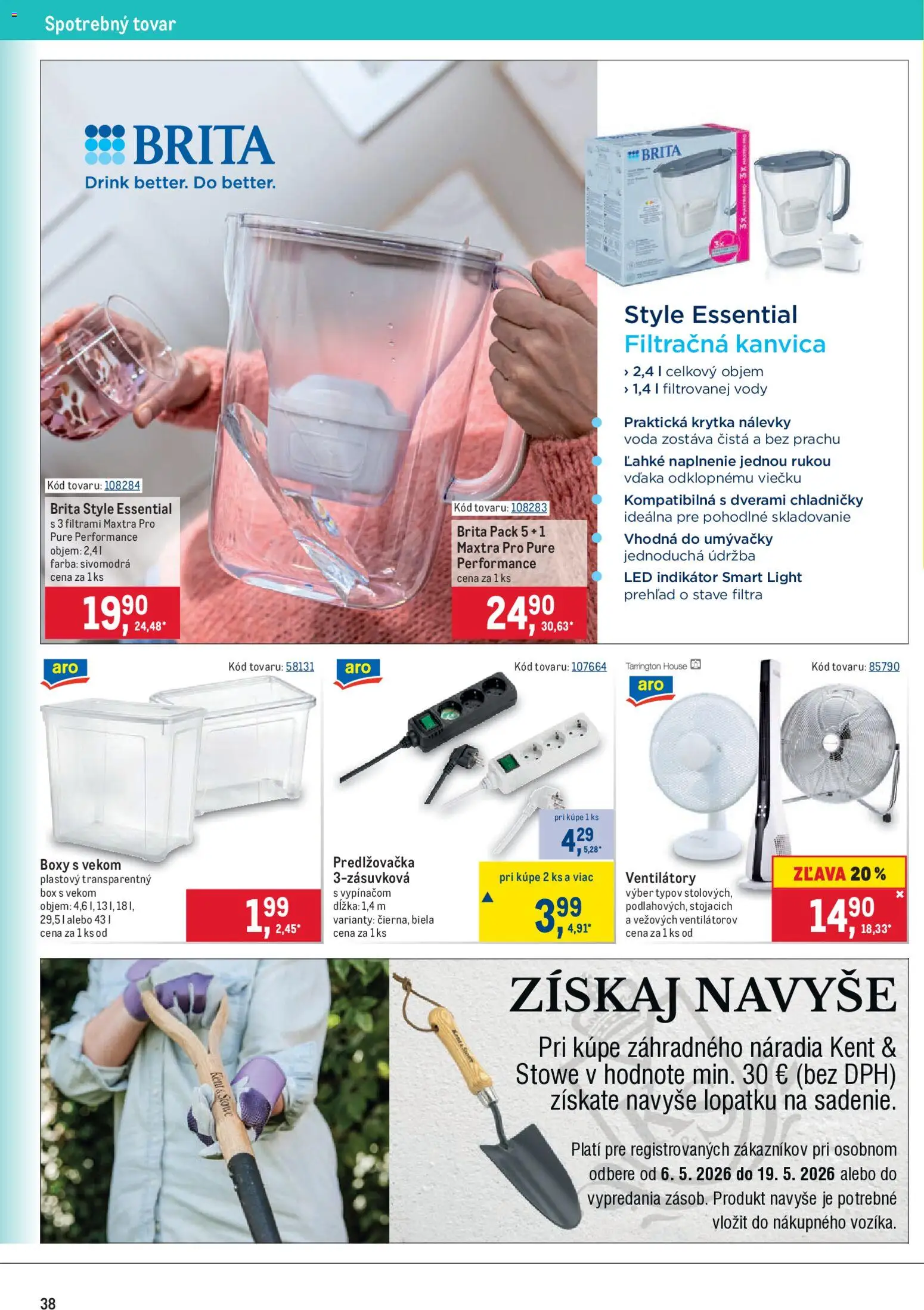 Nové Metro akcie – leták je platný od 06.05.2026 | Strana: 38 | Produkty: Filtračná kanvica, Predlžovačka, Kanvica, Voda