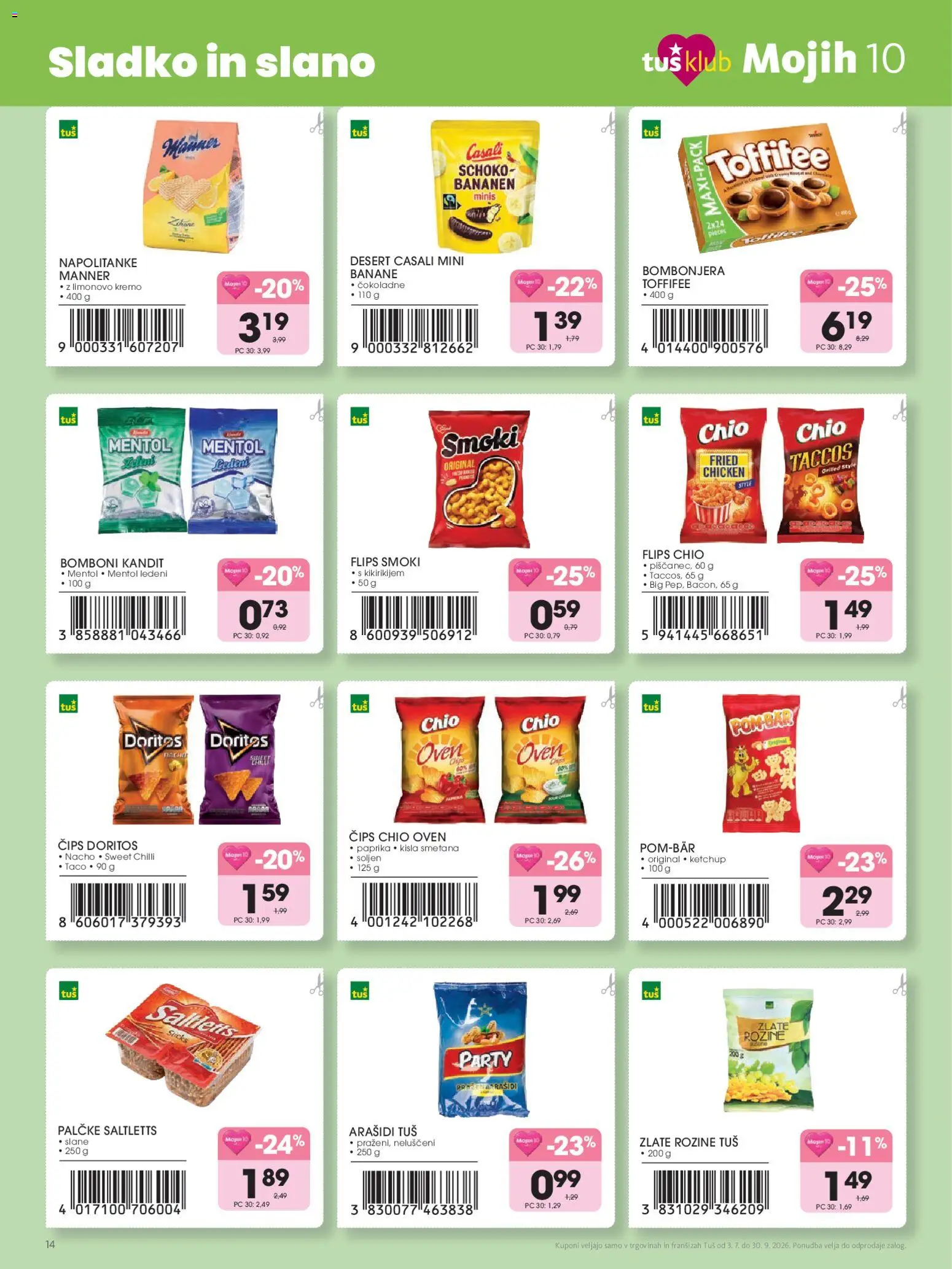 Novi Tuš katalog ponudbe – veljaven od 03.07.2026 | Stran: 14 | Izdelki: Flips, Banane, Kisla smetana, Smetana