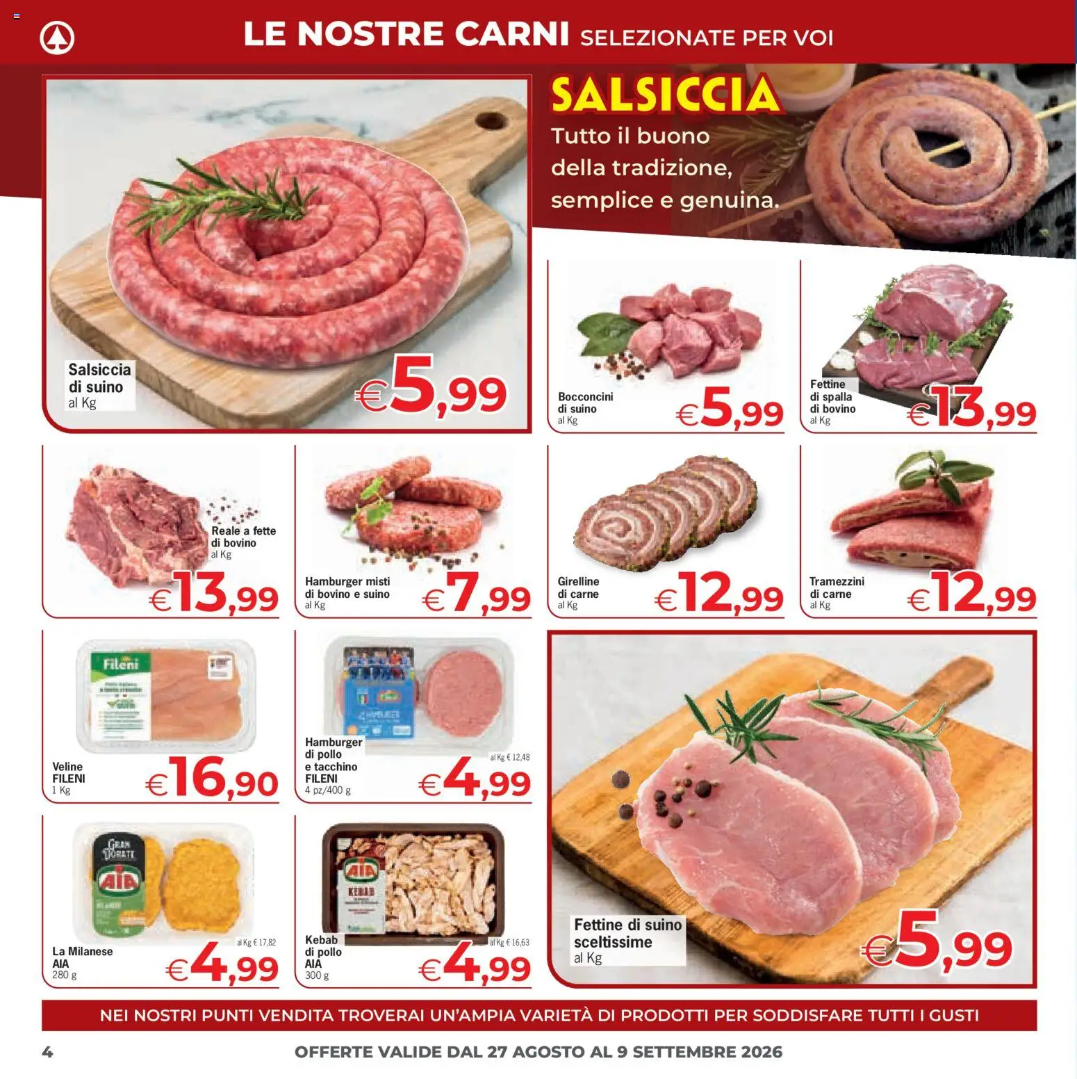 Volantino Eurospar del 27/08/2026 | Pagina: 4 | Prodotti: Pollo, Veline, Spalla, Hamburger