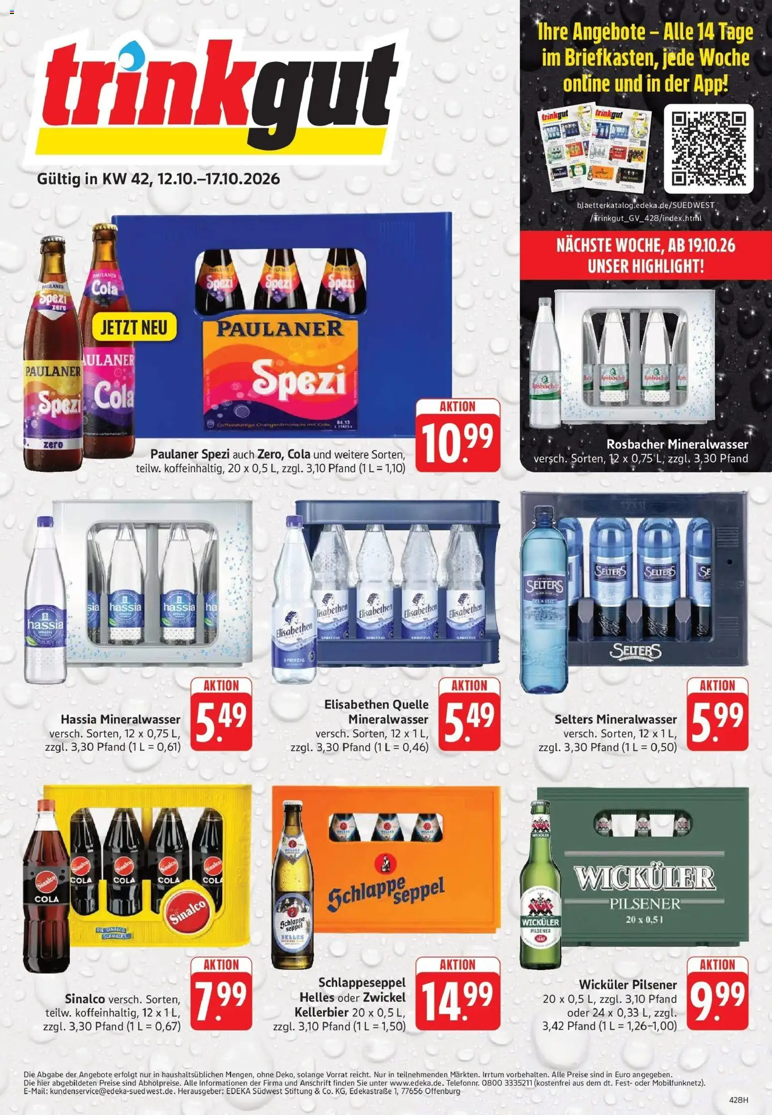 Trinkgut Prospekt Oberursel (ab 12.10.2026) » Angebote online | Seite: 1 | Produkte: Sinalco, Cola, Paulaner spezi, Mineralwasser