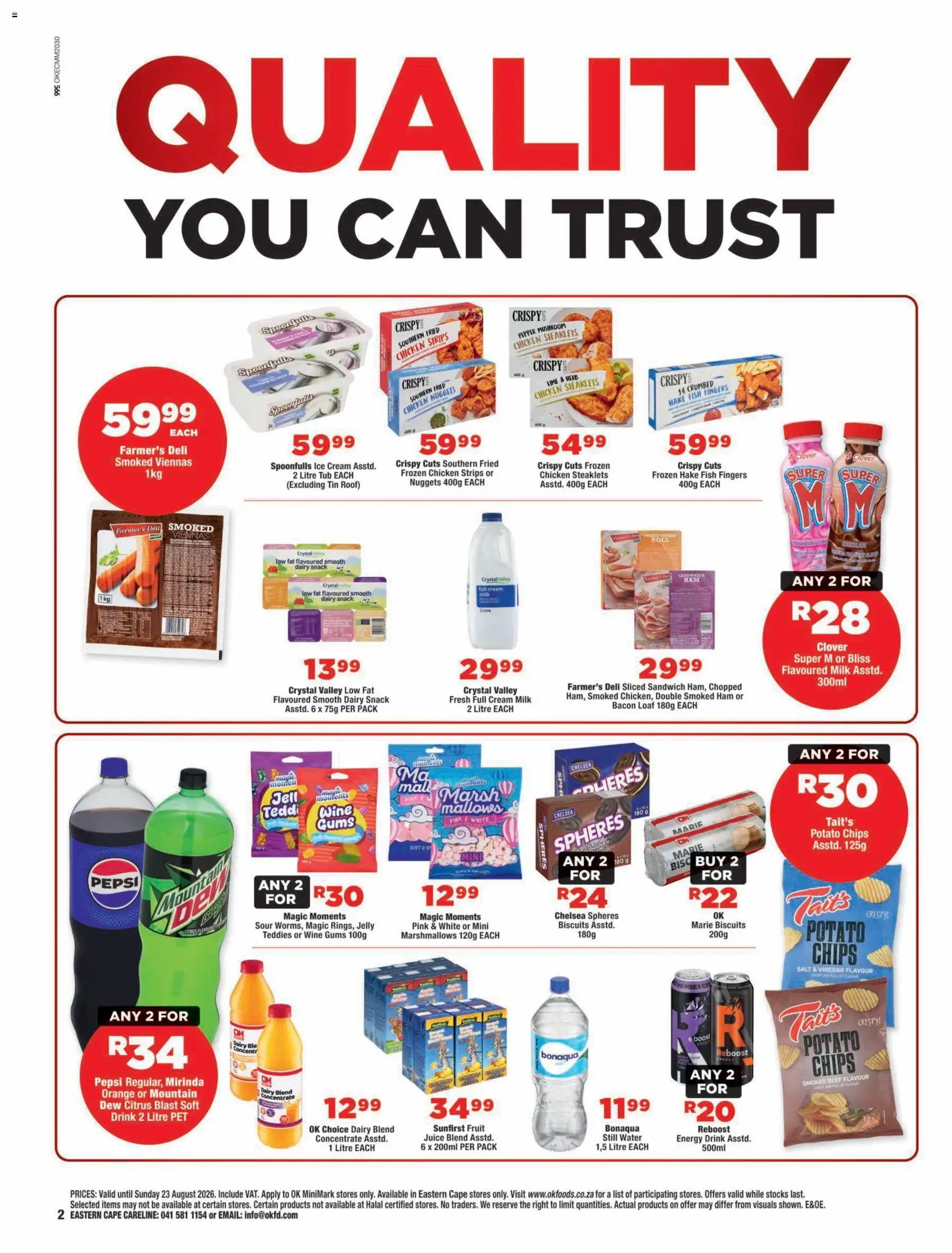 New OK Foods catalogue – valid from 12/08/2026 | Page: 2 | Products: Frozen chicken, Biscuits, Cream, Bacon
