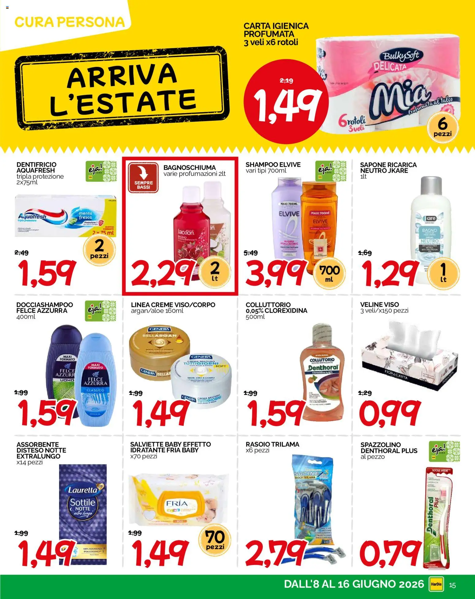 Volantino HarDis del 08.06.2026 | Pagina: 15 | Prodotti: Shampoo, Rasoio, Collutorio, Veline