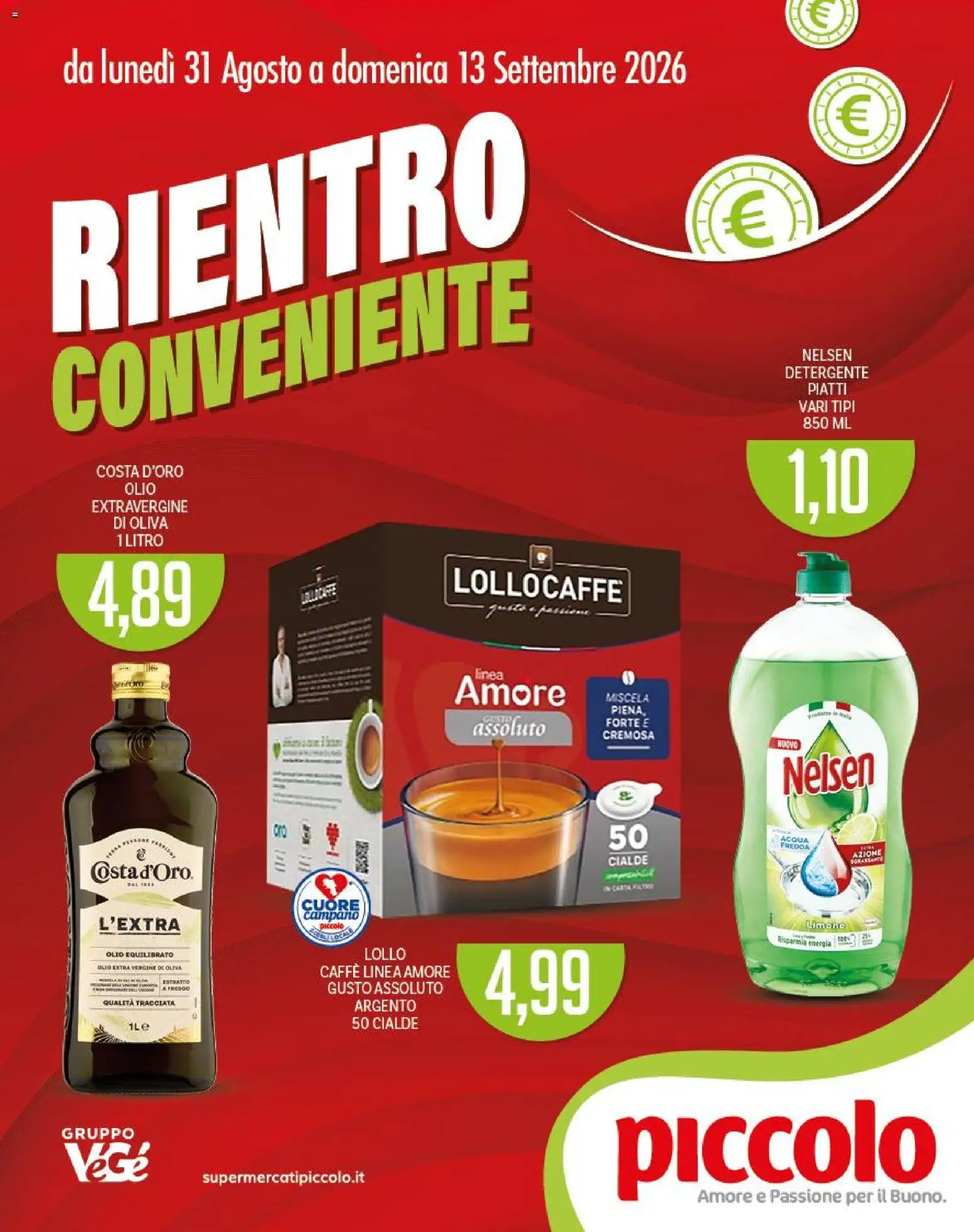 Volantino Piccolo del 31/08/2026 | Pagina: 1 | Prodotti: Detergente, Acqua, Olio, Cialde