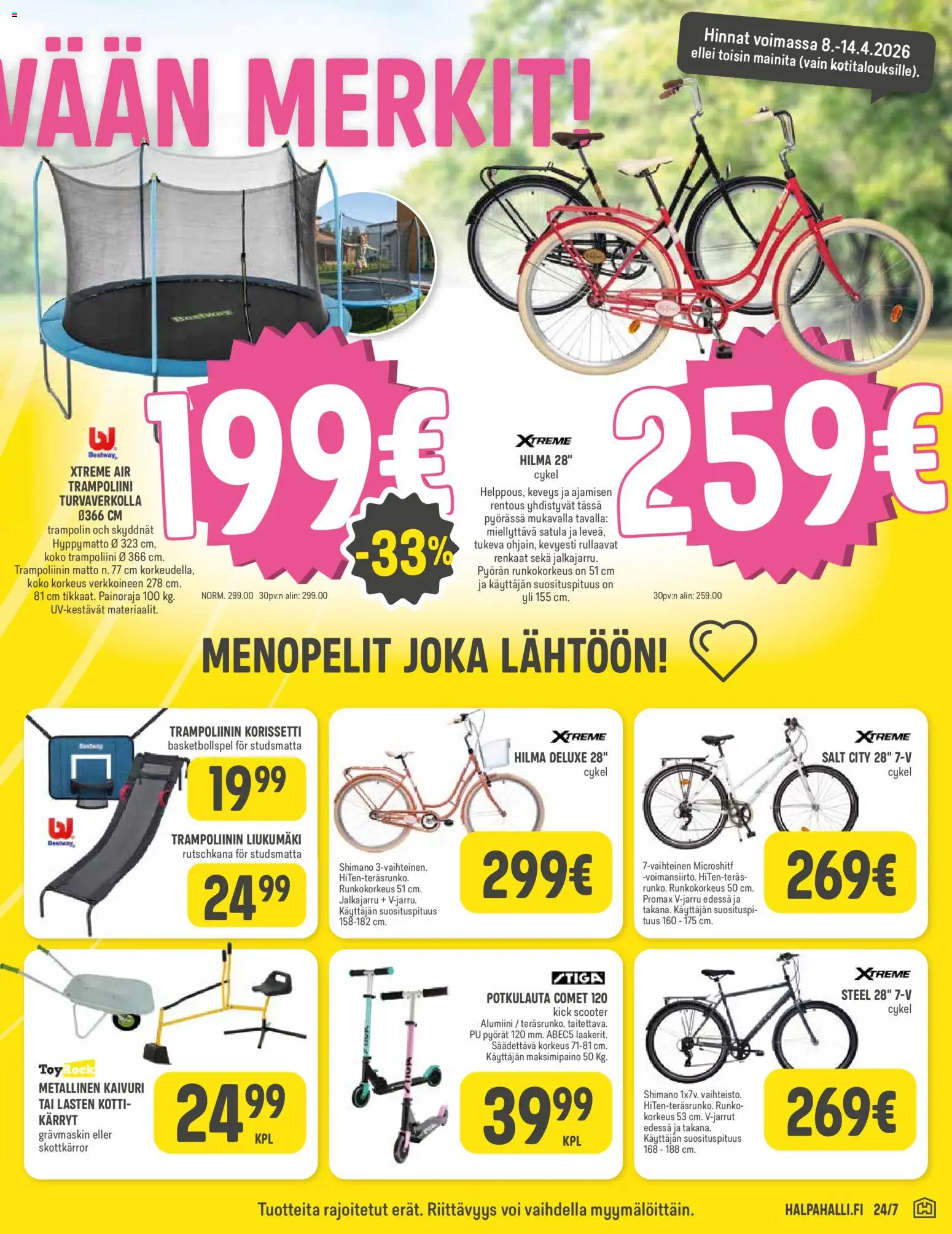 Halpa Halli tarjoukset – voimassa 08.04.2026 alkaen | Sivu: 9 | Tuotteet: Matto, Potkulauta, Trampoliini