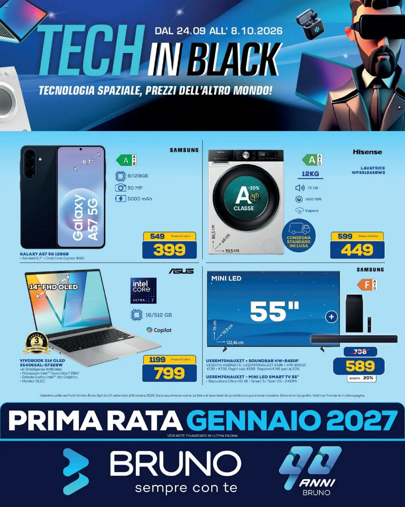 Volantino BRUNO del 24/09/2026 | Pagina: 1 | Prodotti: smart TV, Soundbar, Lavatrice, TV
