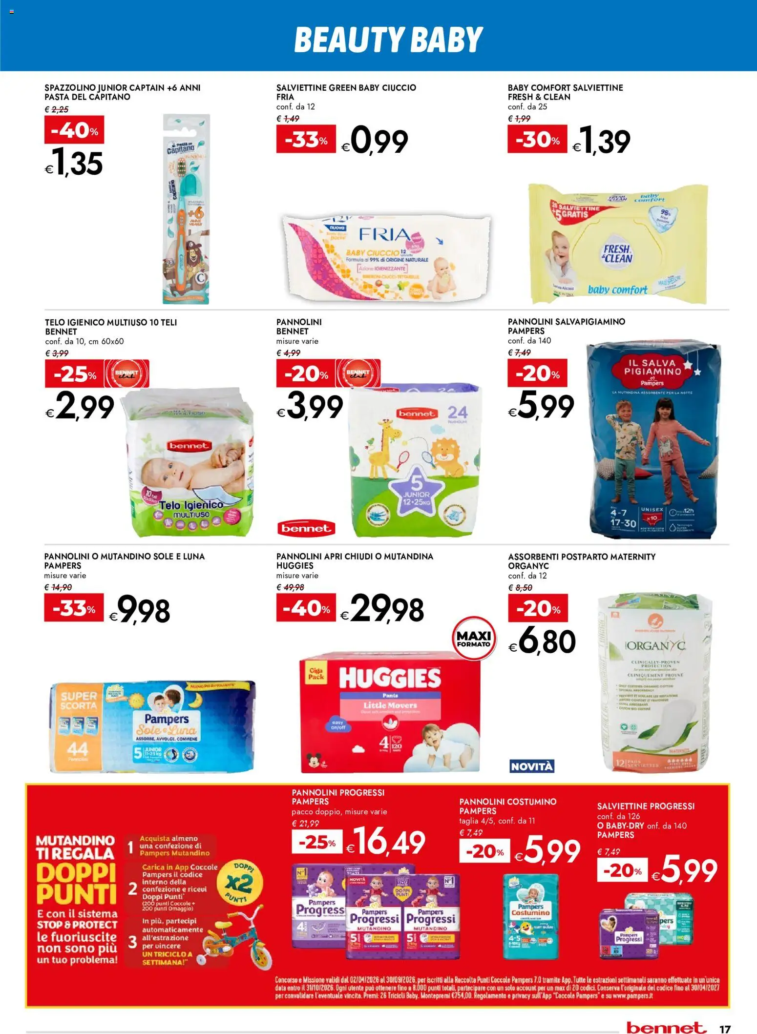 Volantino bennet del 11.06.2026 | Pagina: 17 | Prodotti: Pannolini, Spazzolino, Pasta, Pampers
