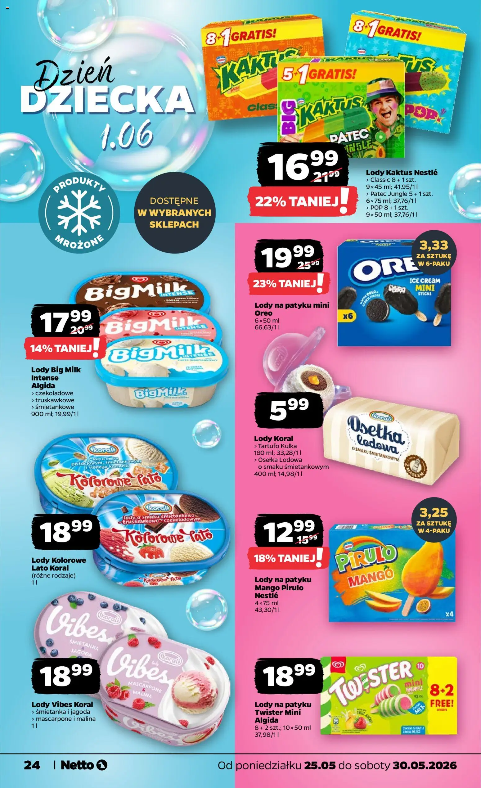 Netto gazetka od poniedziałku spożywcza od 25.05.2026 | Strona: 24 | Produkty: Malina, Big Milk, Mascarpone, Lody koral