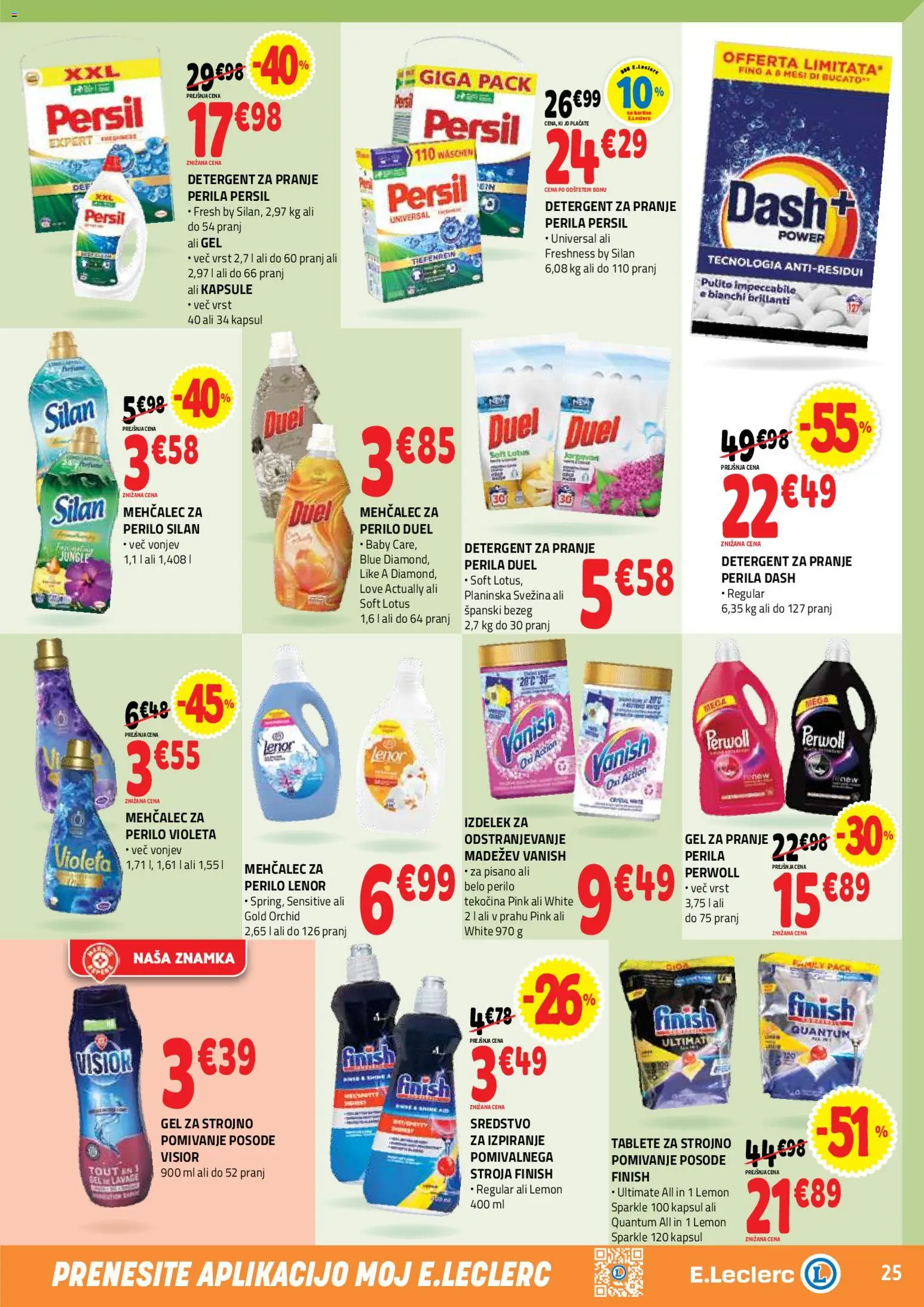 Novi E.leclerc katalog ponudbe – veljaven od 27.05.2026 | Stran: 25 | Izdelki: Mehčalec, Mehcalec za perilo, Detergent