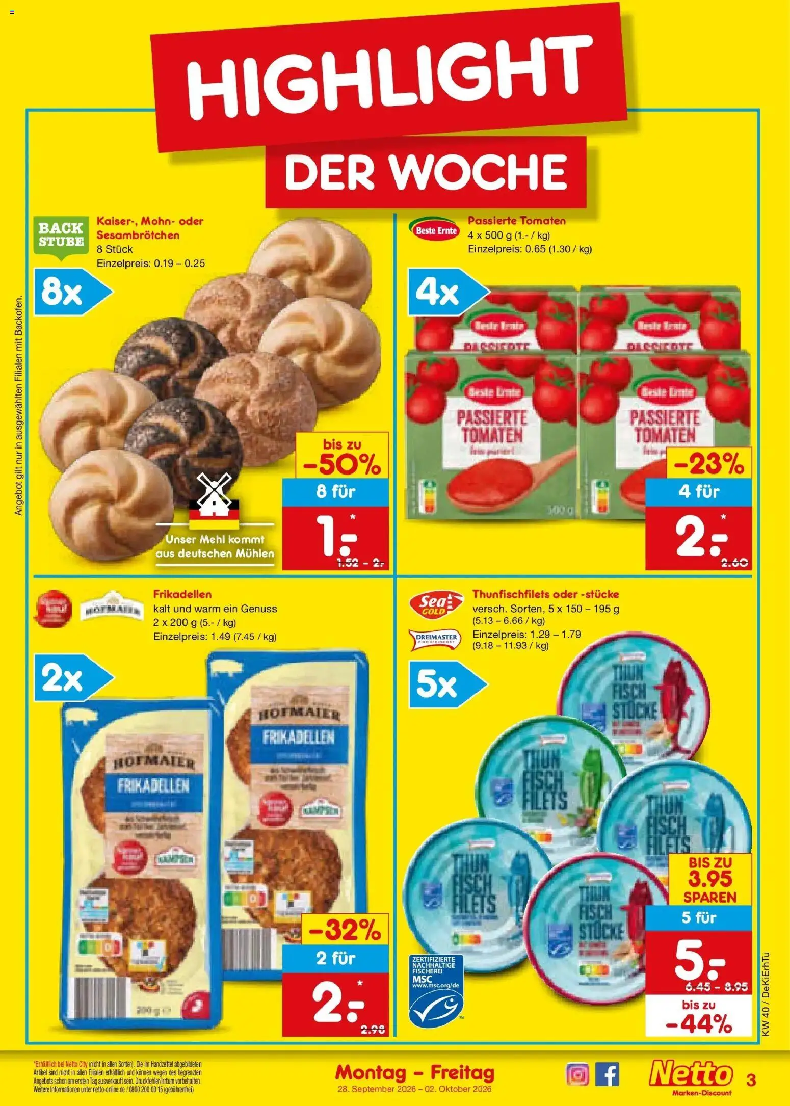 Netto Marken-Discount Prospekt Bad Friedrichshall – gültig ab 28.09.2026 | Seite: 3 | Produkte: Mehl, Tomaten, Fisch