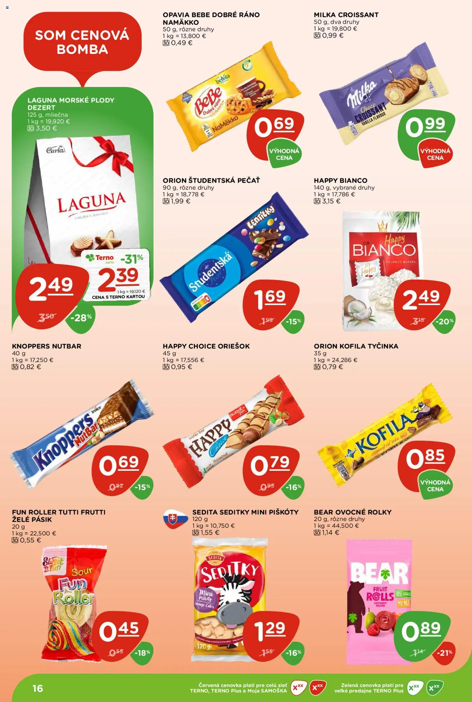 Nové Terno akcie – leták je platný od 22.10.2026 | Strana: 16 | Produkty: BeBe Dobré ráno, Piškóty, Morské plody, Dezert