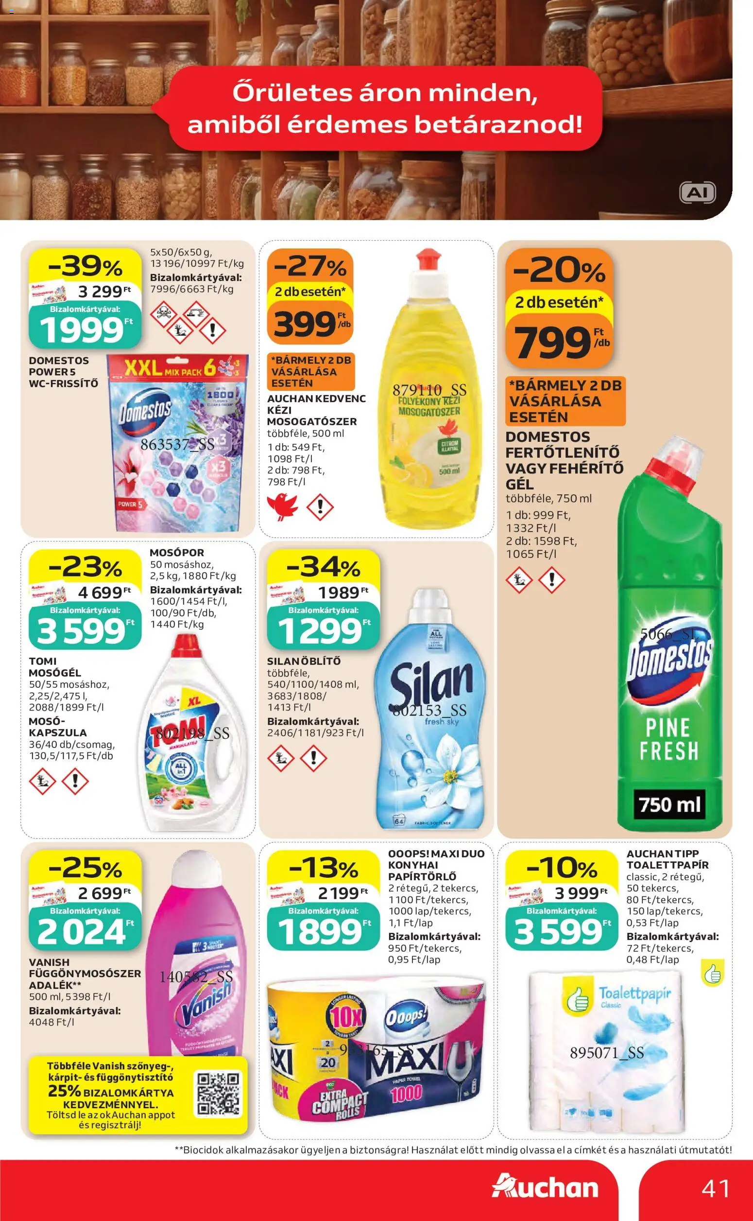 Auchan akciós ujság - amely érvényes a következő dátumtól: 2026.08.27. | Oldal: 41 | Termékek: Kapszula, Mosógél, Mosogatószer, Domestos