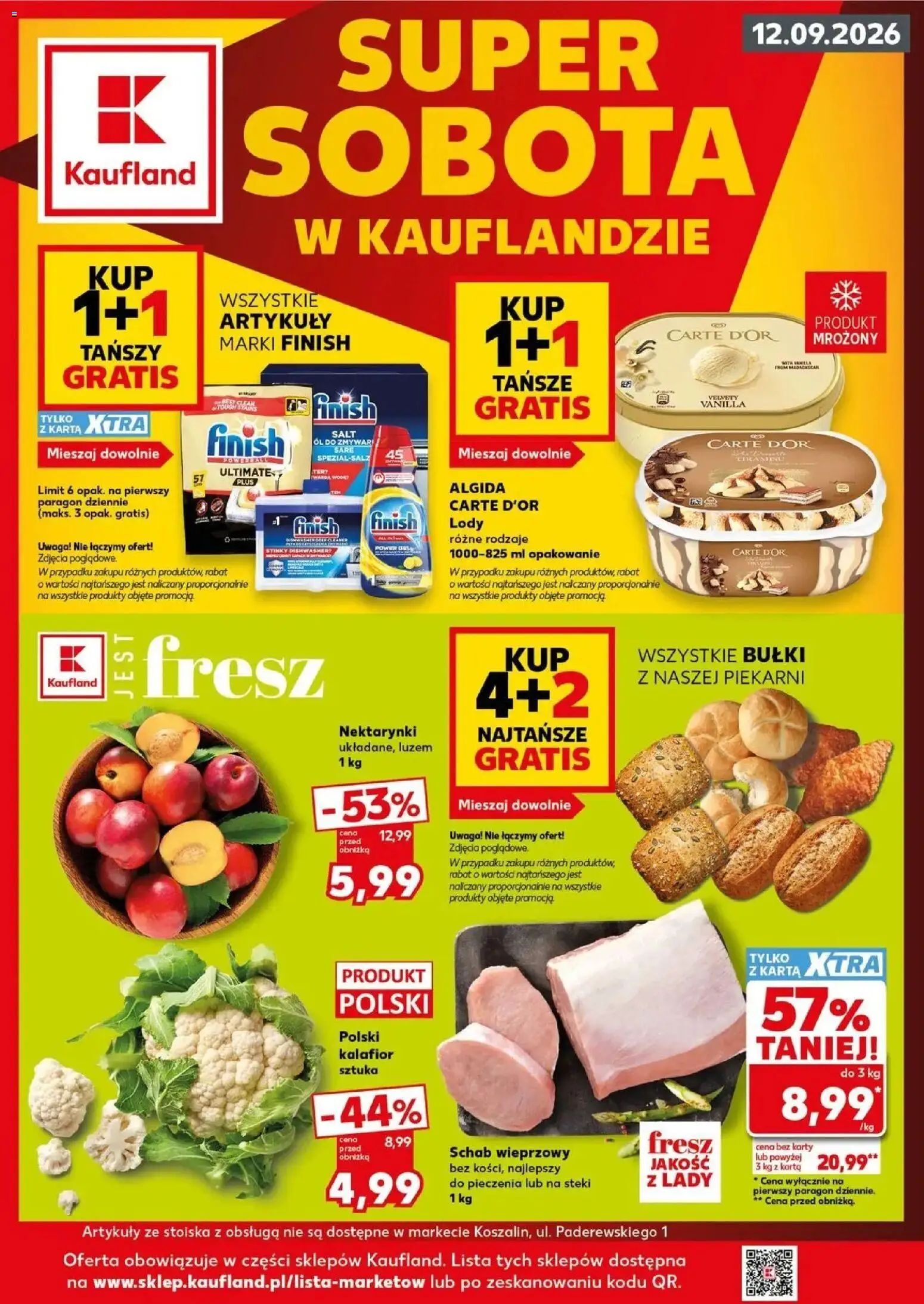 Kaufland gazetka - Super sobota od 12.09.2026 | Strona: 1 | Produkty: Karta, Bułki, Steki, Schab wieprzowy bez kości