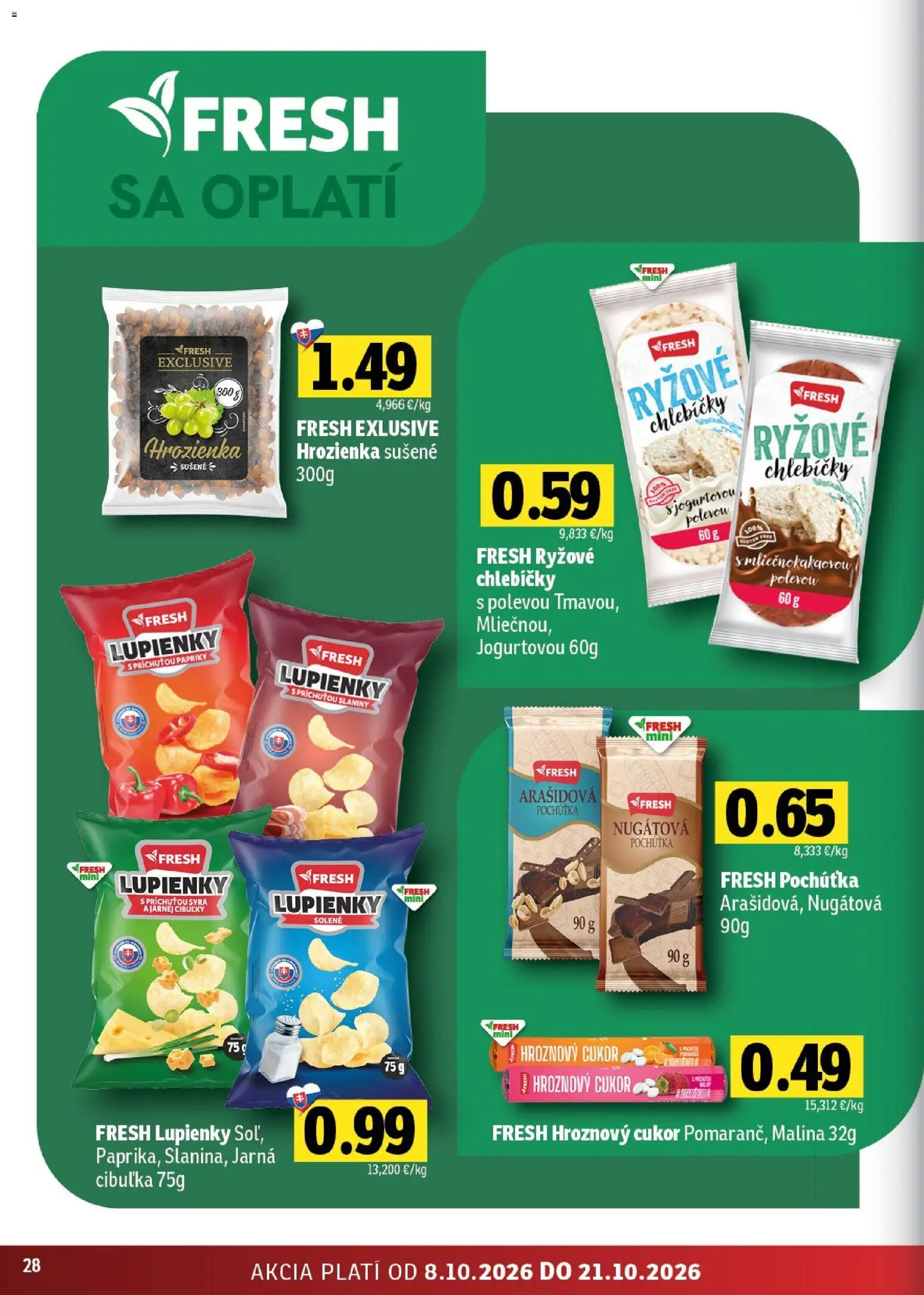 Nové Fresh akcie – leták je platný od 08.10.2026 | Strana: 28 | Produkty: Jarná cibuľka, Hroznový cukor, Cukor, Hrozienka