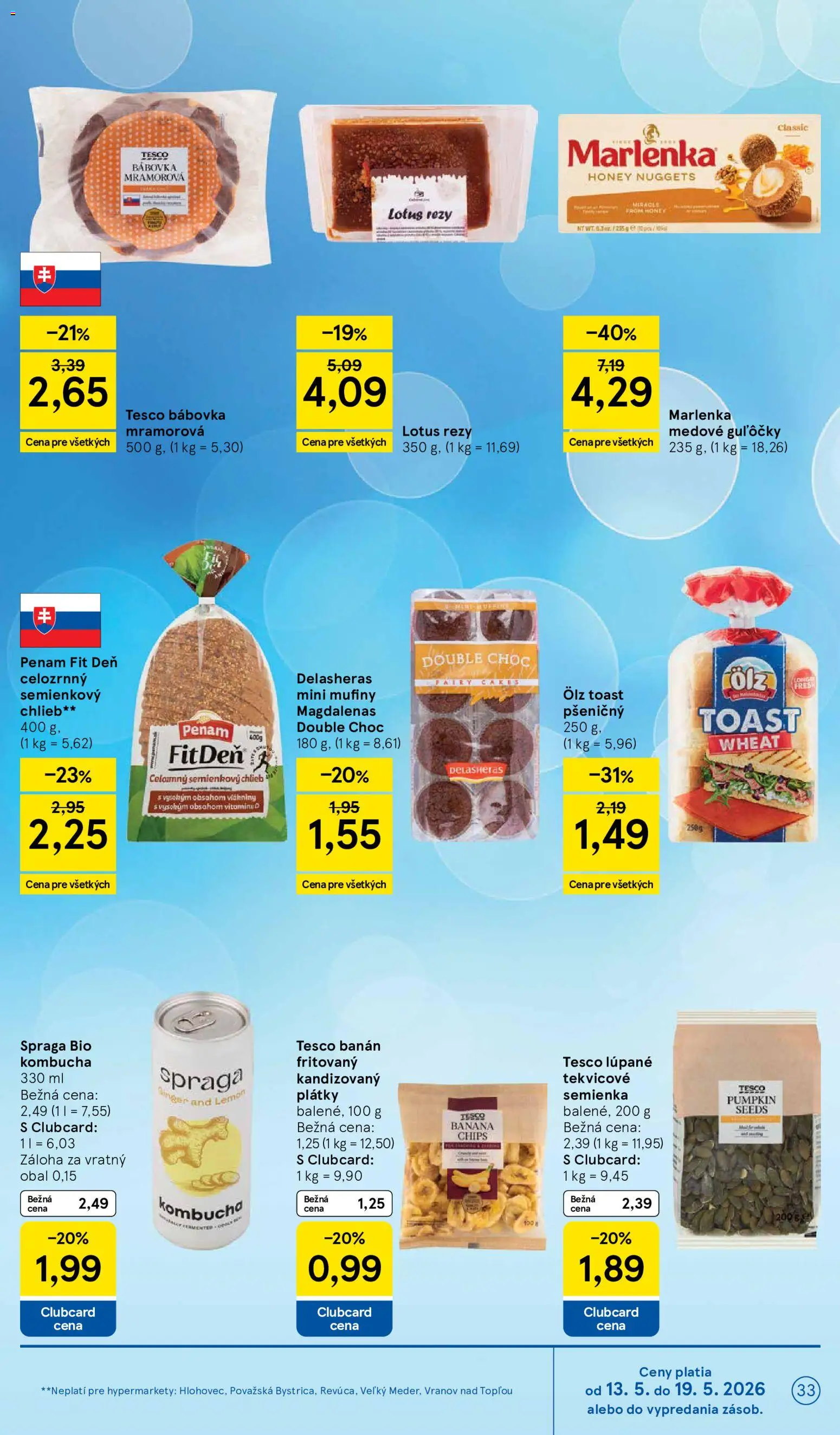 Nové Tesco akcie – leták je platný od 13.05.2026 | Strana: 33 | Produkty: Chlieb, Marlenka
