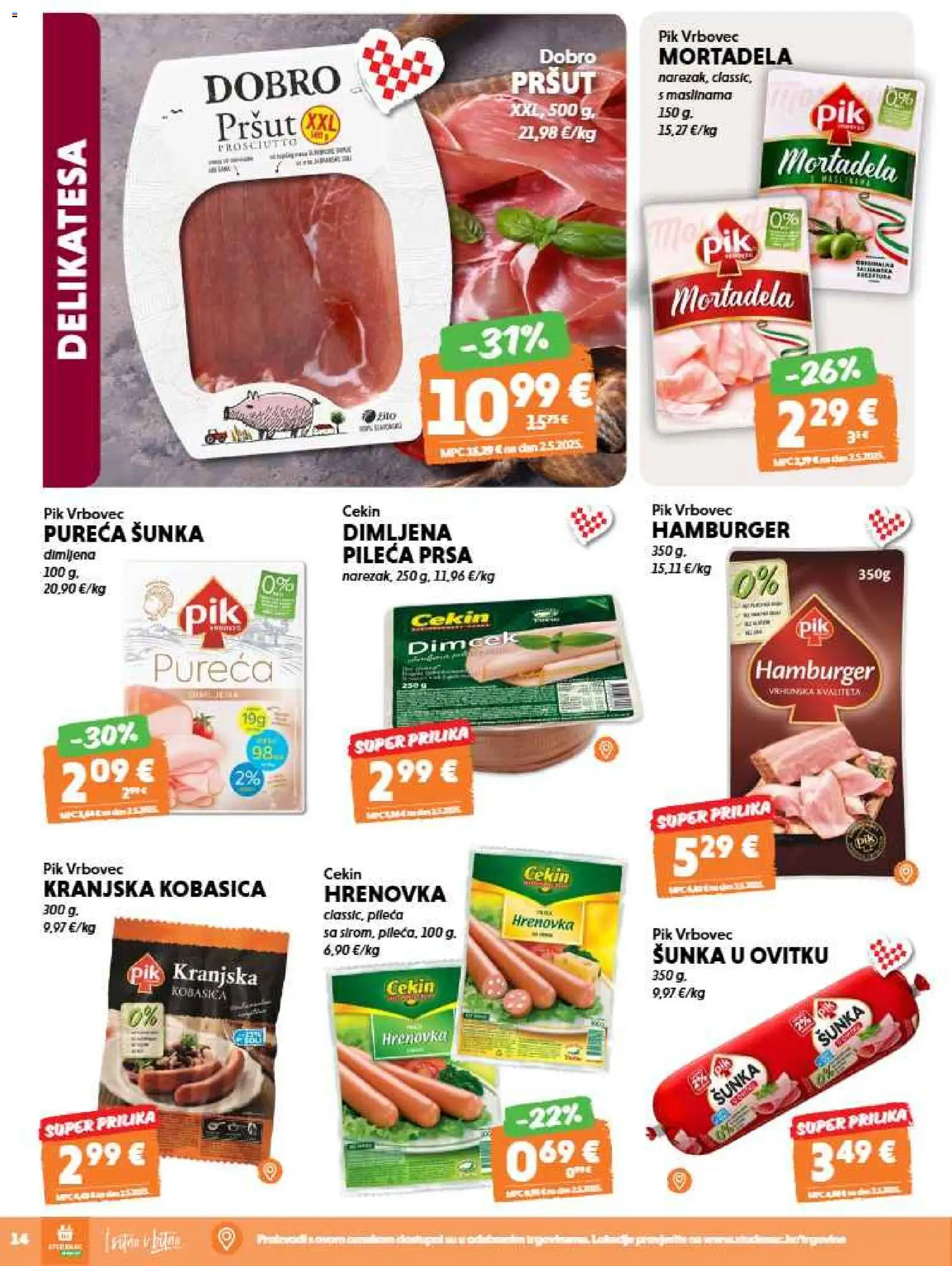 Studenac katalog | vrijedi od 09.09.2026 | Stranica: 14 | Proizvodi: Mortadela, Kranjska kobasica, Pik Vrbovec, Hamburger