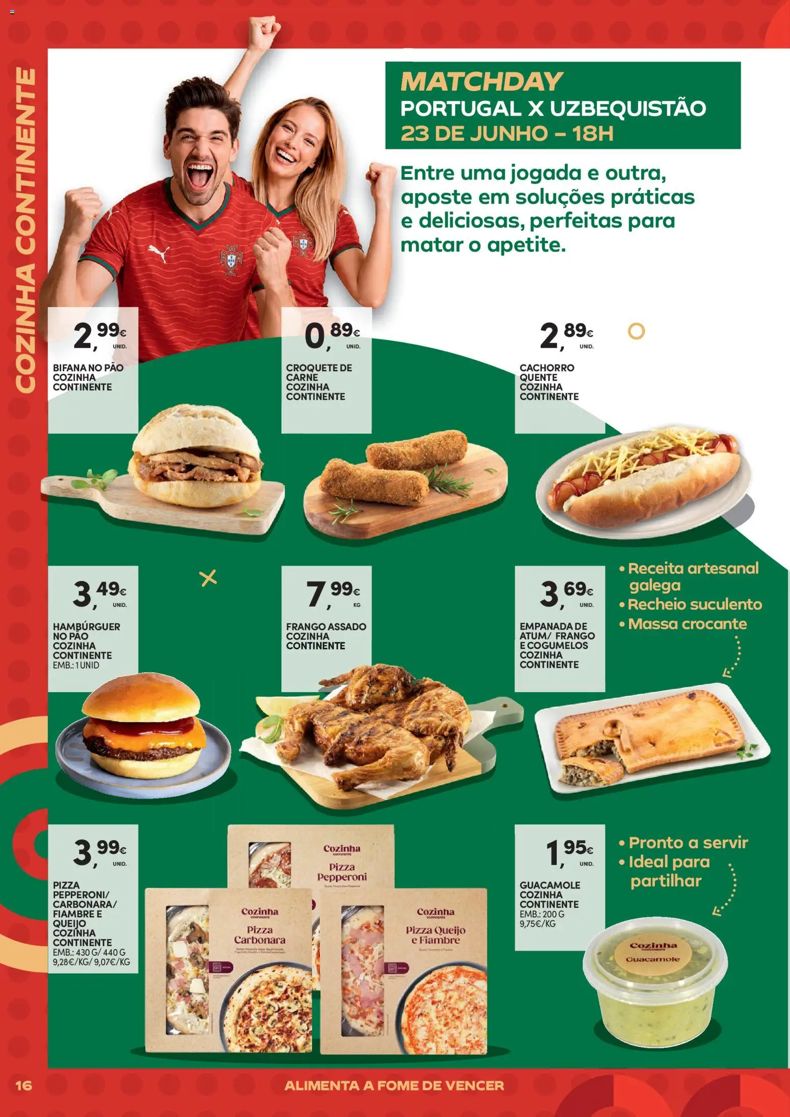 Continente - Futebol Alimenta a fome de vencer │ válido de 09.06.2026 | Página: 16 | Produtos: Hambúrguer, Queijo, Pizza, Massa
