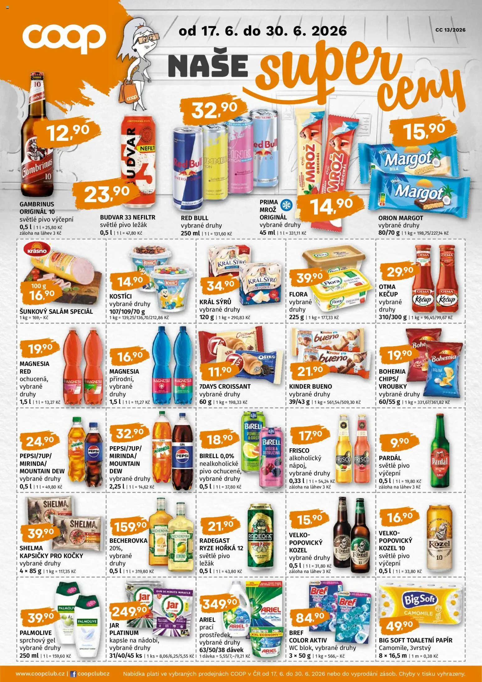 Terno leták - COOP naše super ceny od 17.06.2026 | Strana: 1 | Produkty: Toaletní papír, Budvar 33, Flora, Kinder Bueno