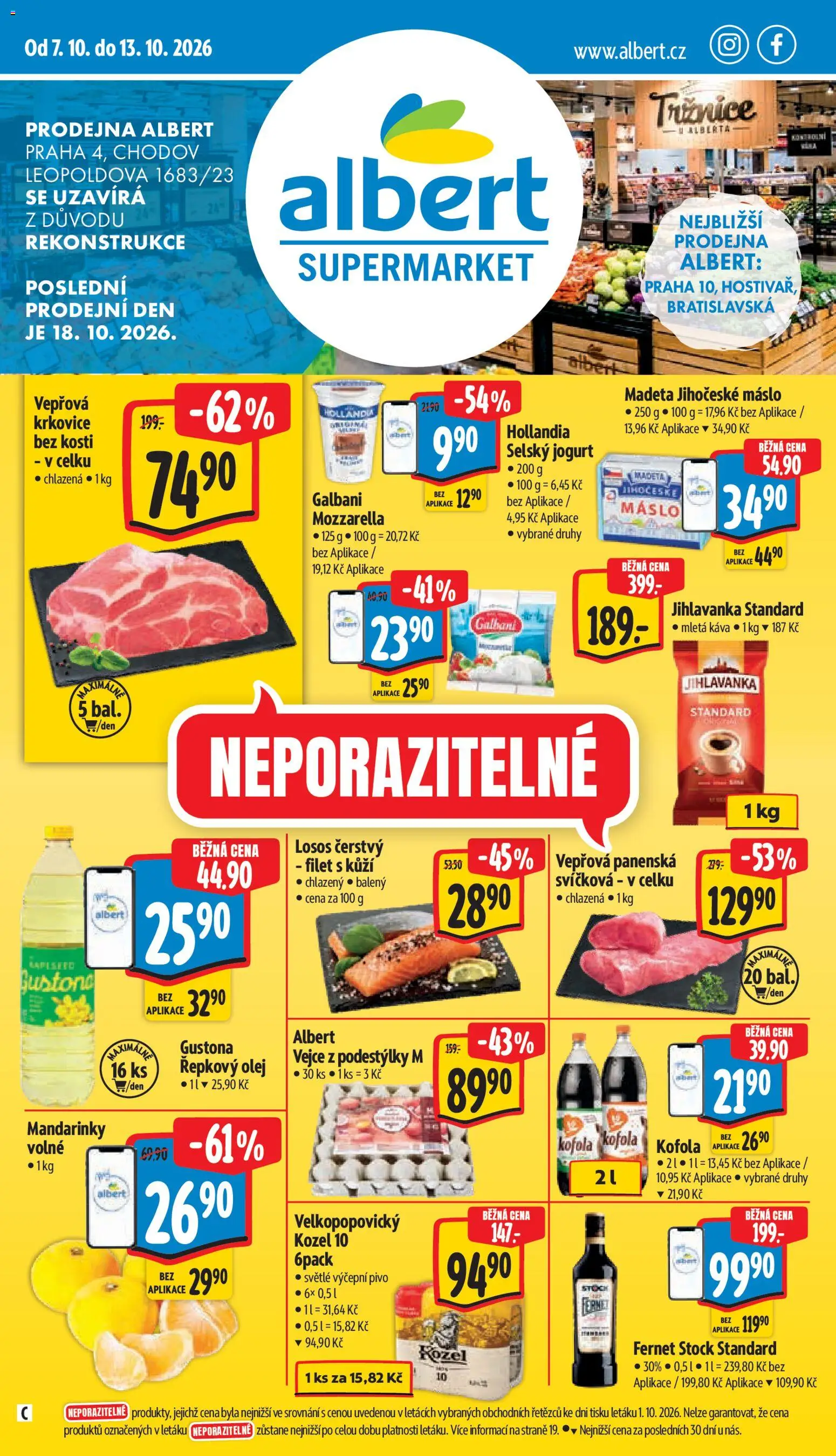 Albert leták - Supermarket Praha 4 od 07.10.2026 | Strana: 1 | Produkty: Káva, Losos, Velkopopovický Kozel 10, Jihočeské máslo