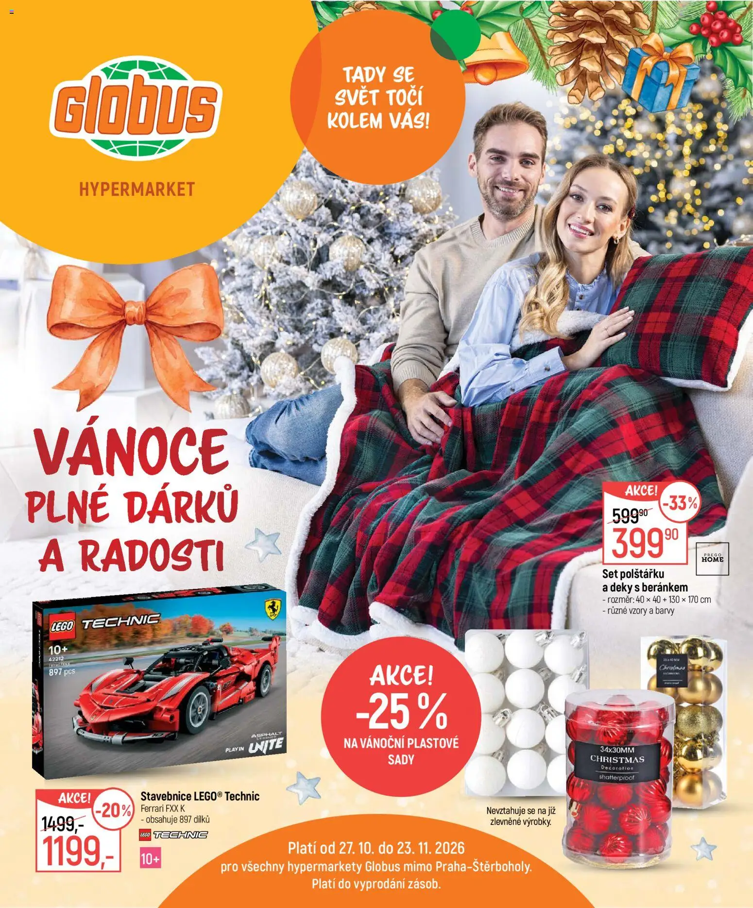 Globus leták - Vánoce plné dárků a radosti od 27.10.2026 | Strana: 1 | Produkty: Globus, Stavebnice, Lego Technic, Deky