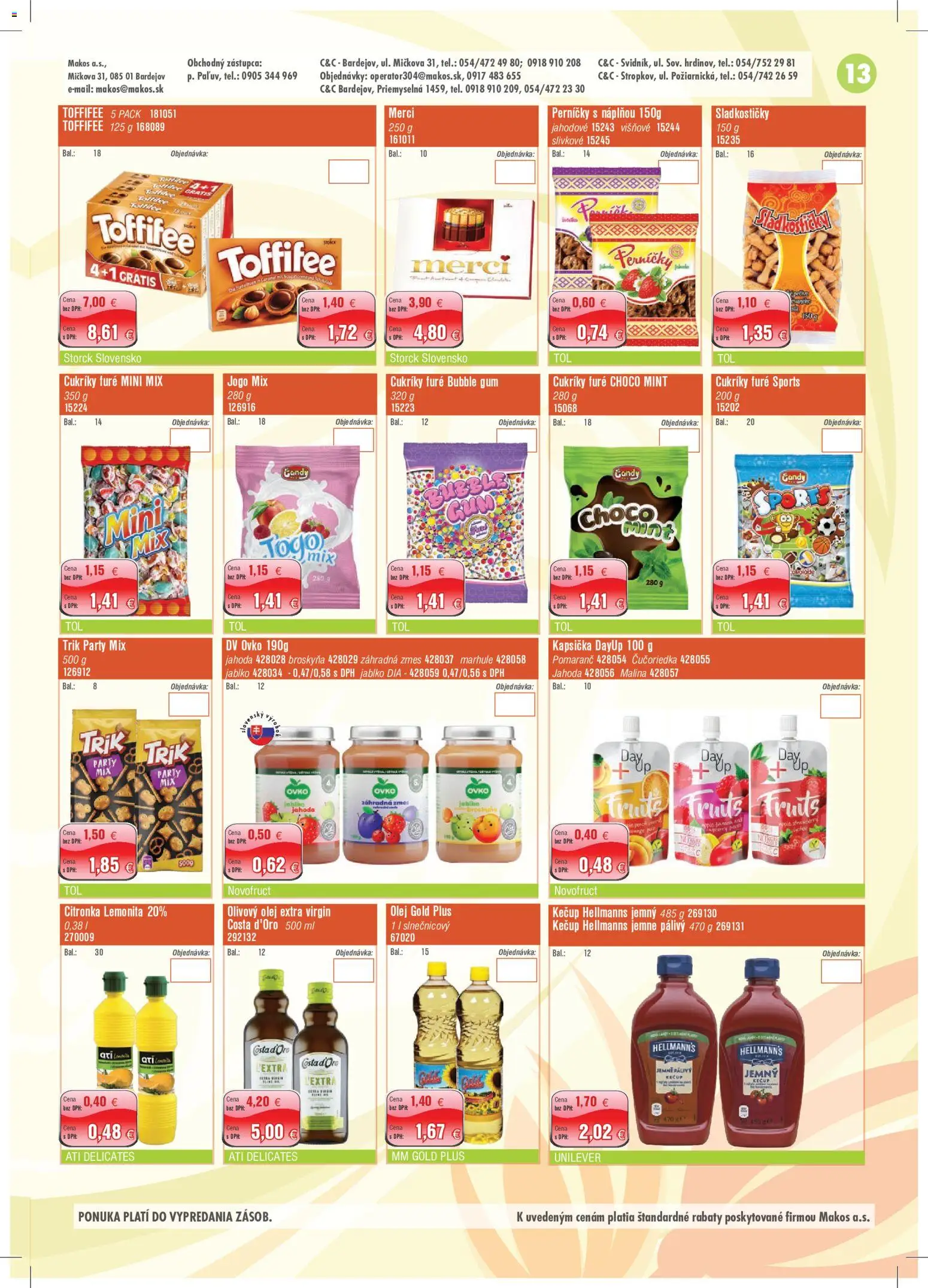 Nové Makos akcie – leták je platný od 28.09.2026 | Strana: 13 | Produkty: Olej, Olivový olej, Toffifee, Med