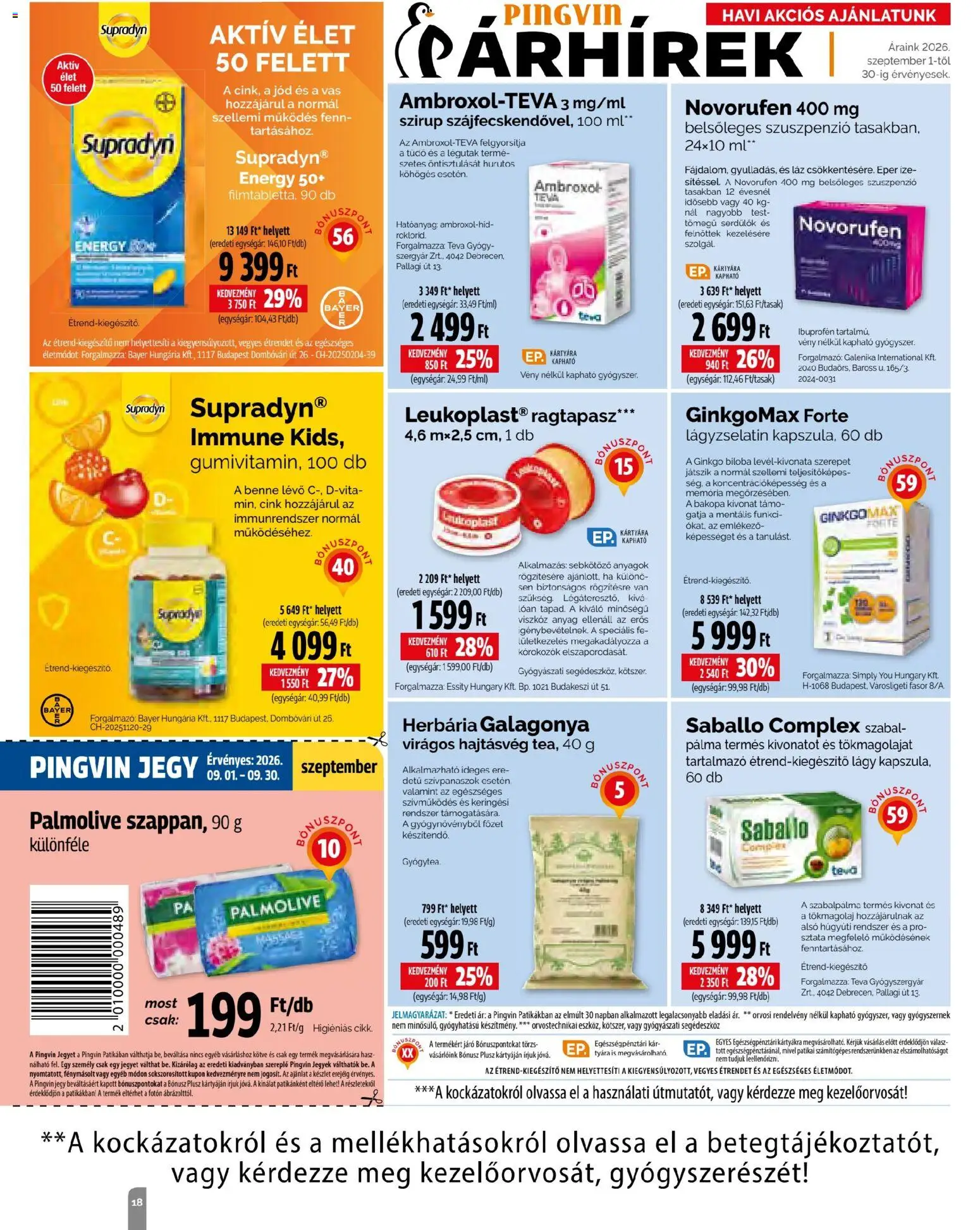 Pingvin Patika akciós ujság - amely érvényes a következő dátumtól: 2026.09.01. | Oldal: 18 | Termékek: Ibuprofen, Ginkgo biloba, Palmolive, Vas
