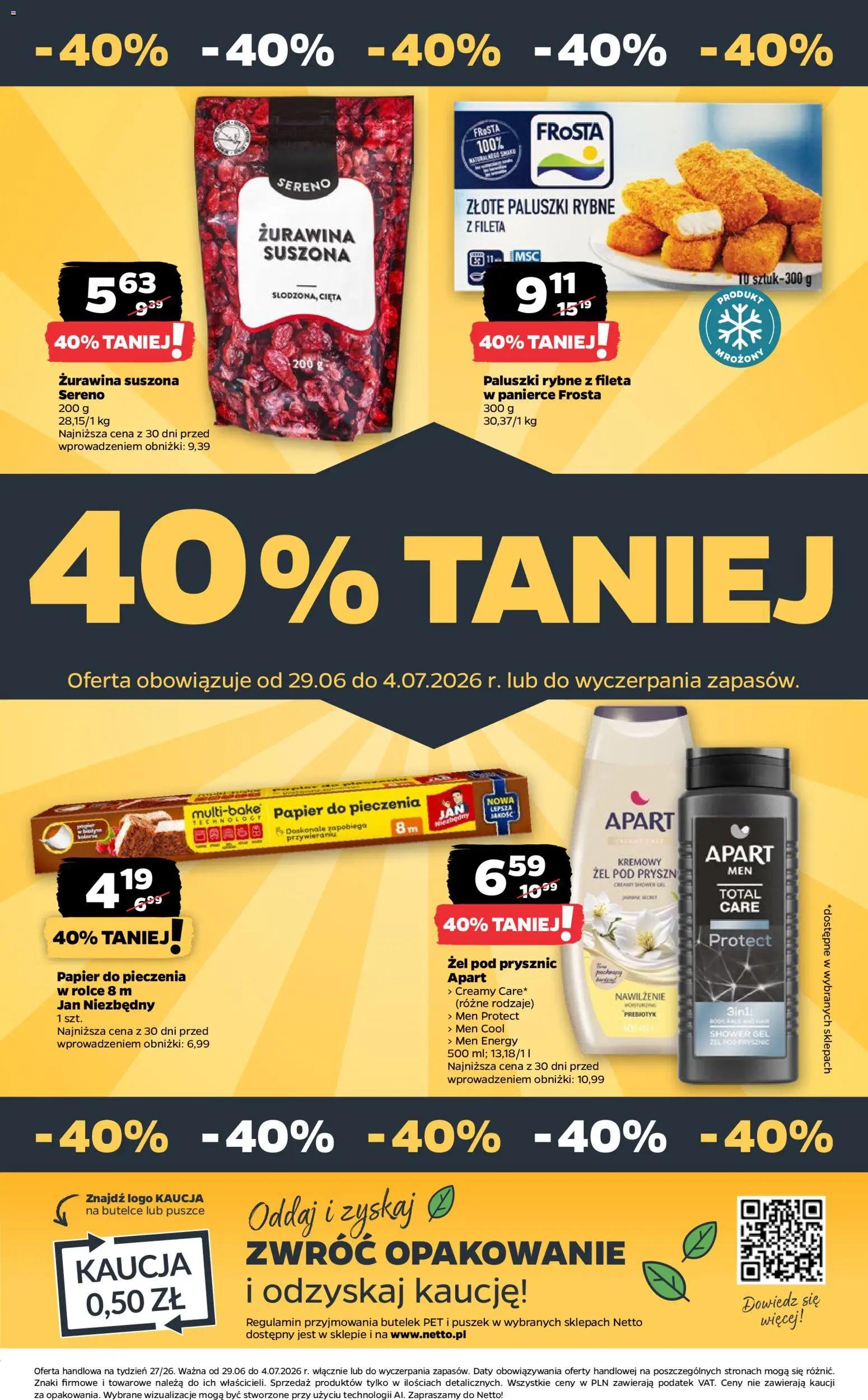 Netto gazetka od poniedziałku spożywcza od 29.06.2026 | Strona: 36 | Produkty: Papier do pieczenia, Prysznic, Paluszki, Żel pod prysznic