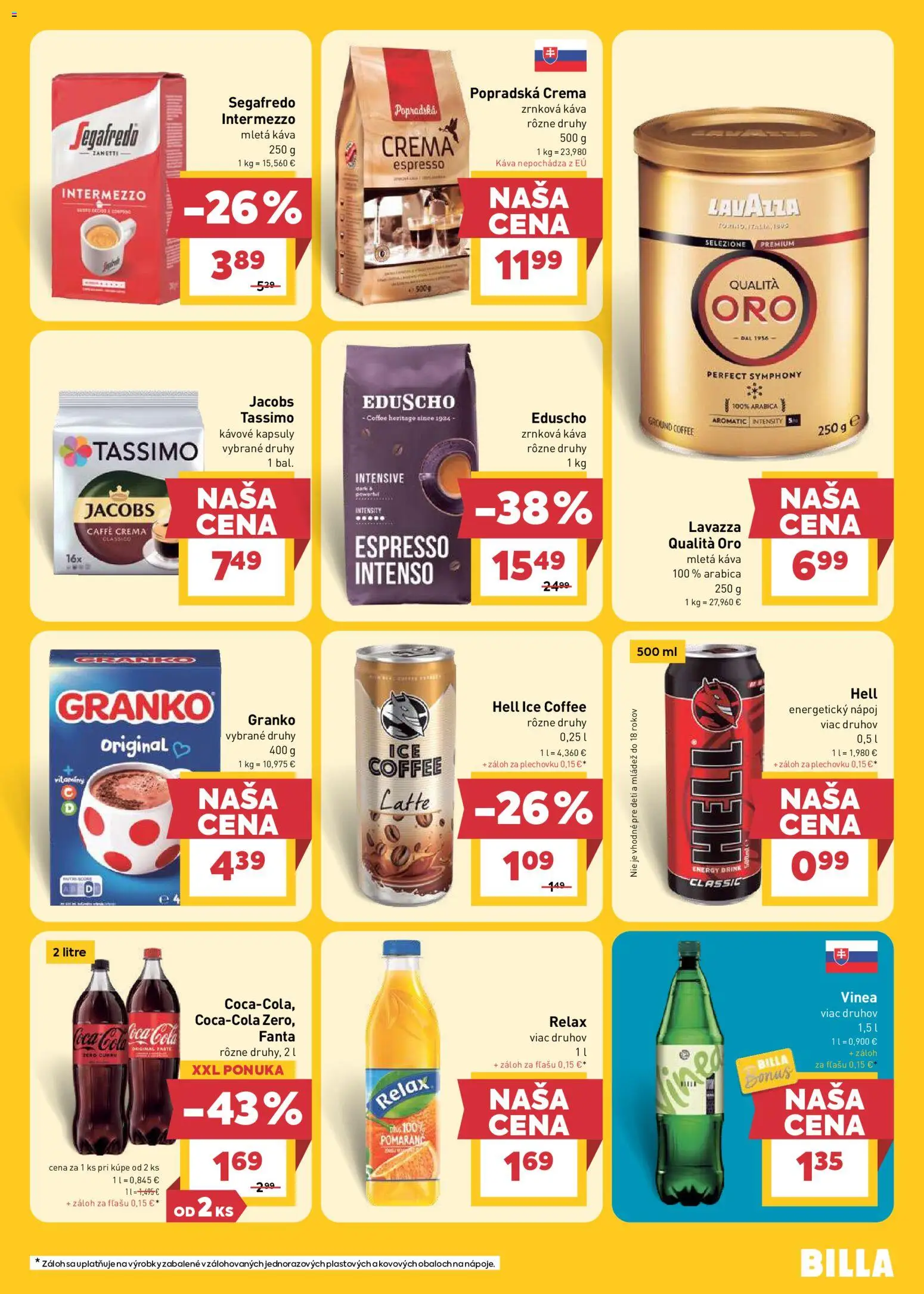 Nové Billa akcie – leták je platný od 13.05.2026 | Strana: 19 | Produkty: Káva, Lavazza, Cola, Granko