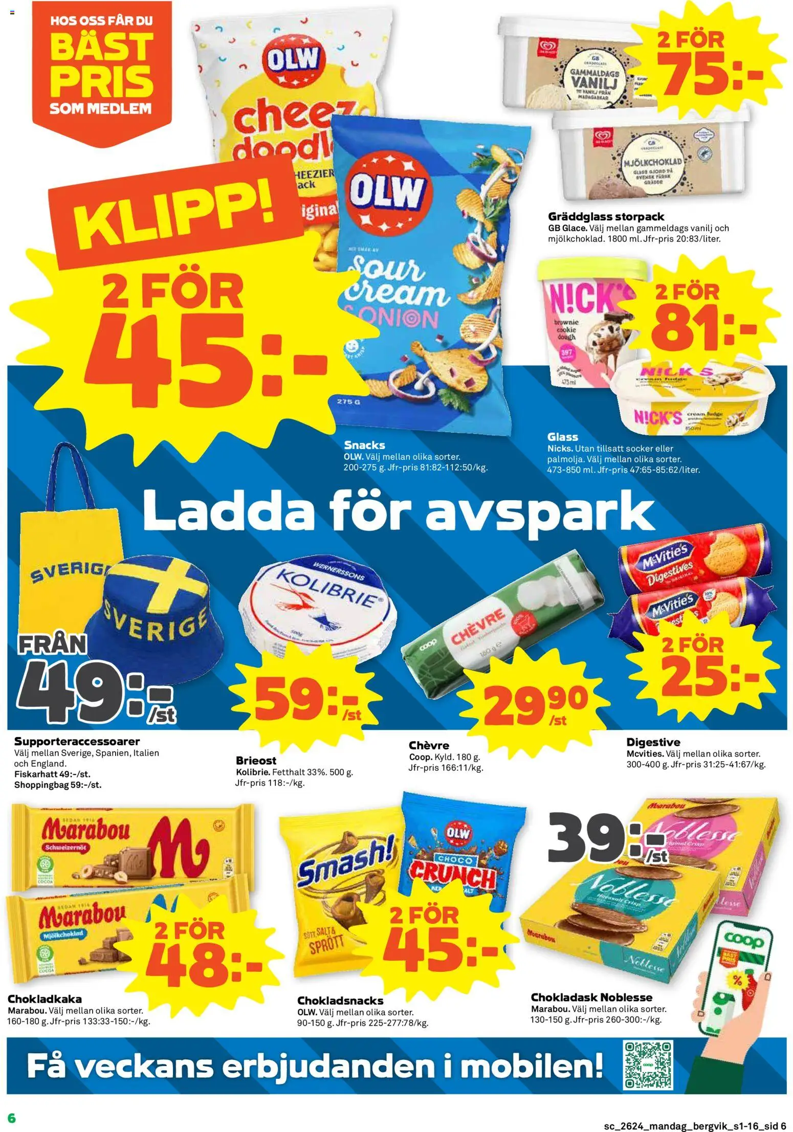 Stora Coop reklamblad aktuell från 08.06.2026 | Sida: 6 | Produkter: Digestive, Chokladkaka, Brieost, Glass