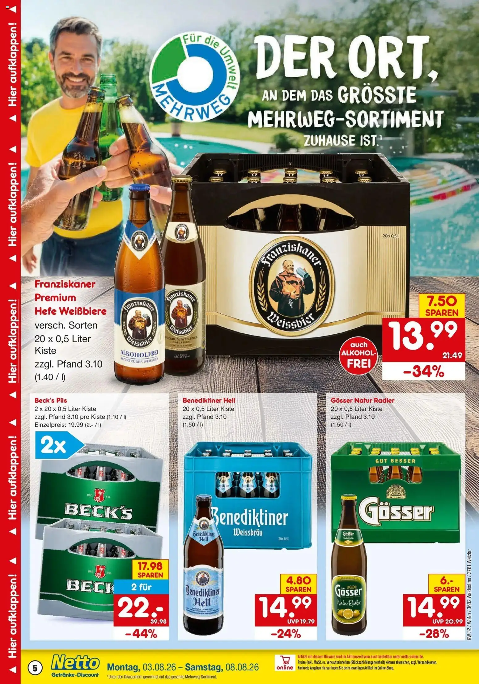 Netto Marken-Discount Prospekt Wetzlar-Naunheim – gültig ab 03.08.2026 | Seite: 5 | Produkte: Franziskaner, Weißbier, Benediktiner hell, Radler