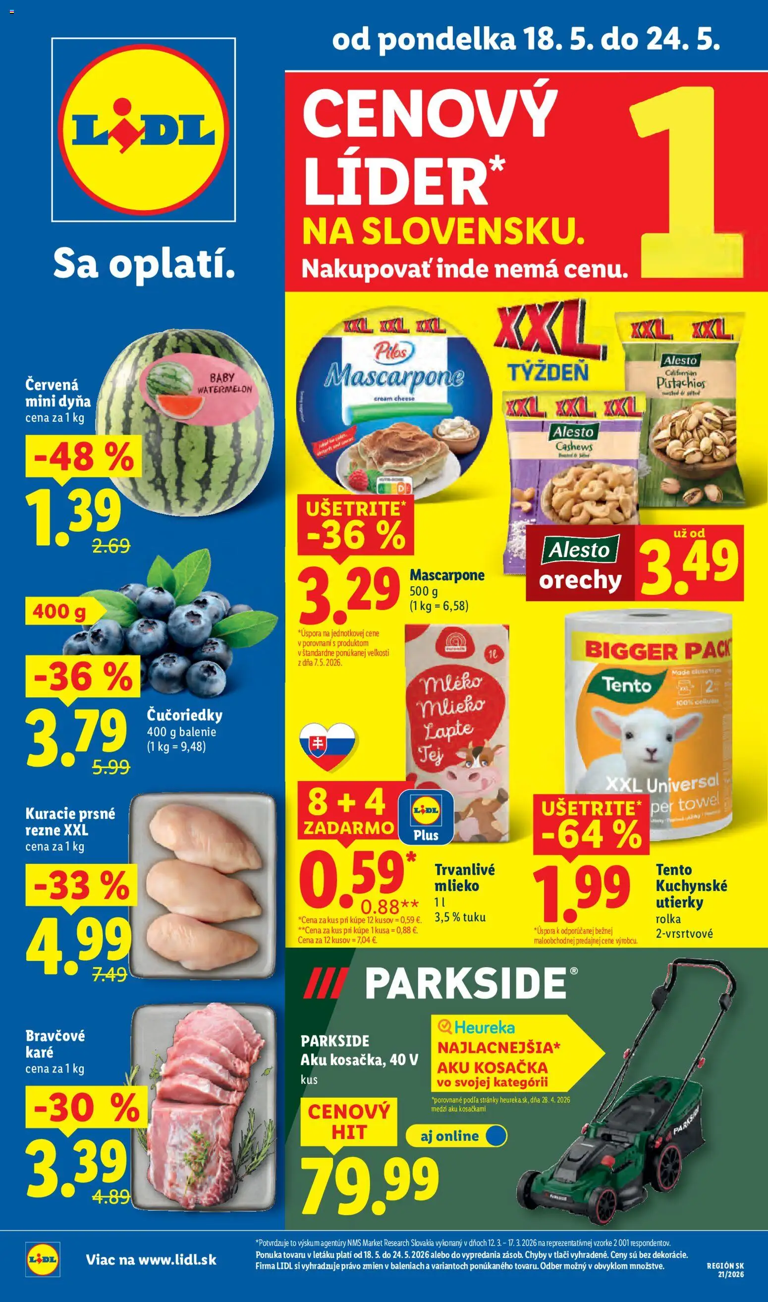 Nové Lidl akcie – leták je platný od 18.05.2026 | Strana: 1 | Produkty: Aku kosačka, Kosačka, Aku, Parkside