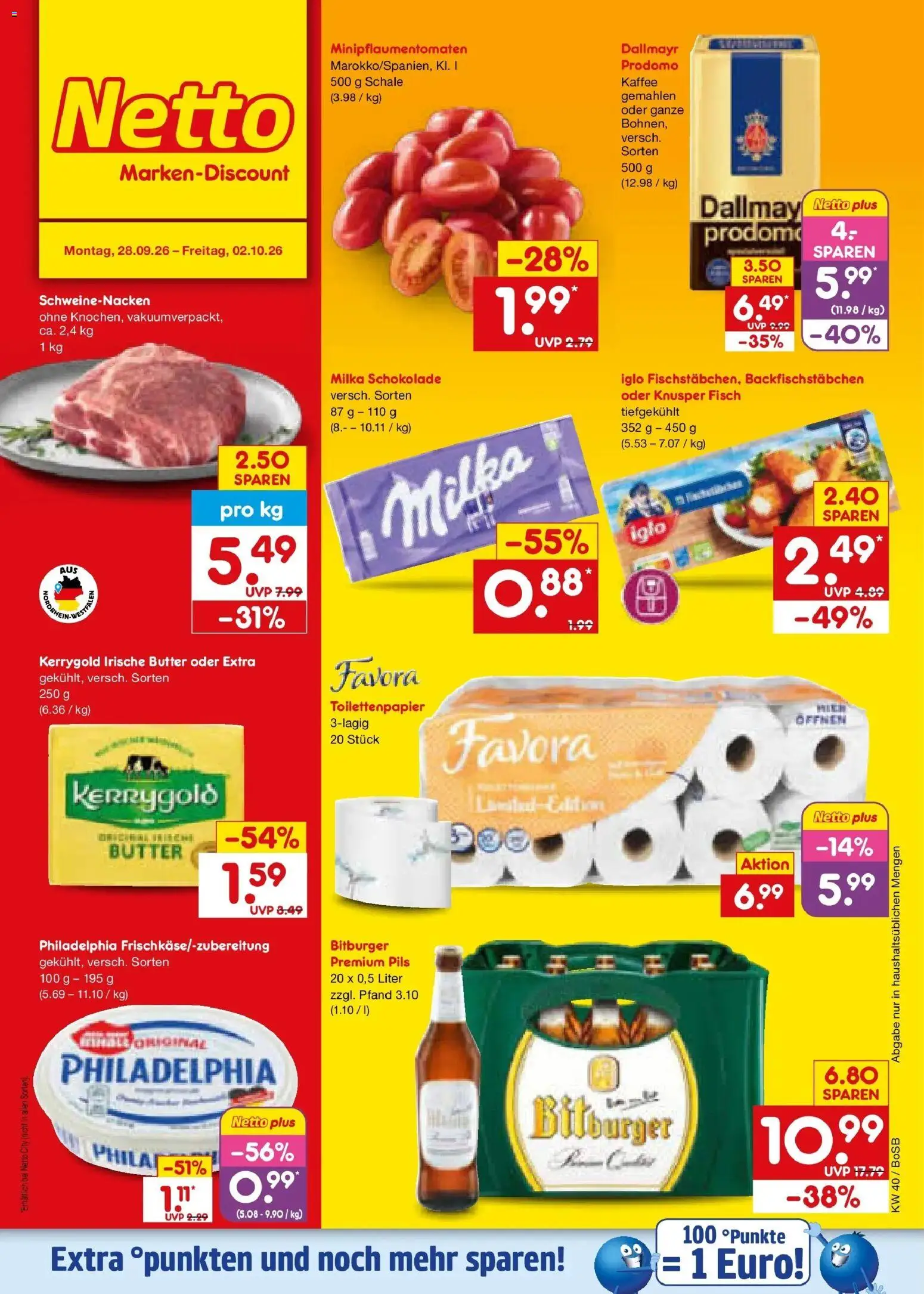 Netto Marken-Discount Prospekt Stadtlohn – gültig ab 28.09.2026 | Seite: 1 | Produkte: Bitburger, Kaffee, Milka, Toilettenpapier