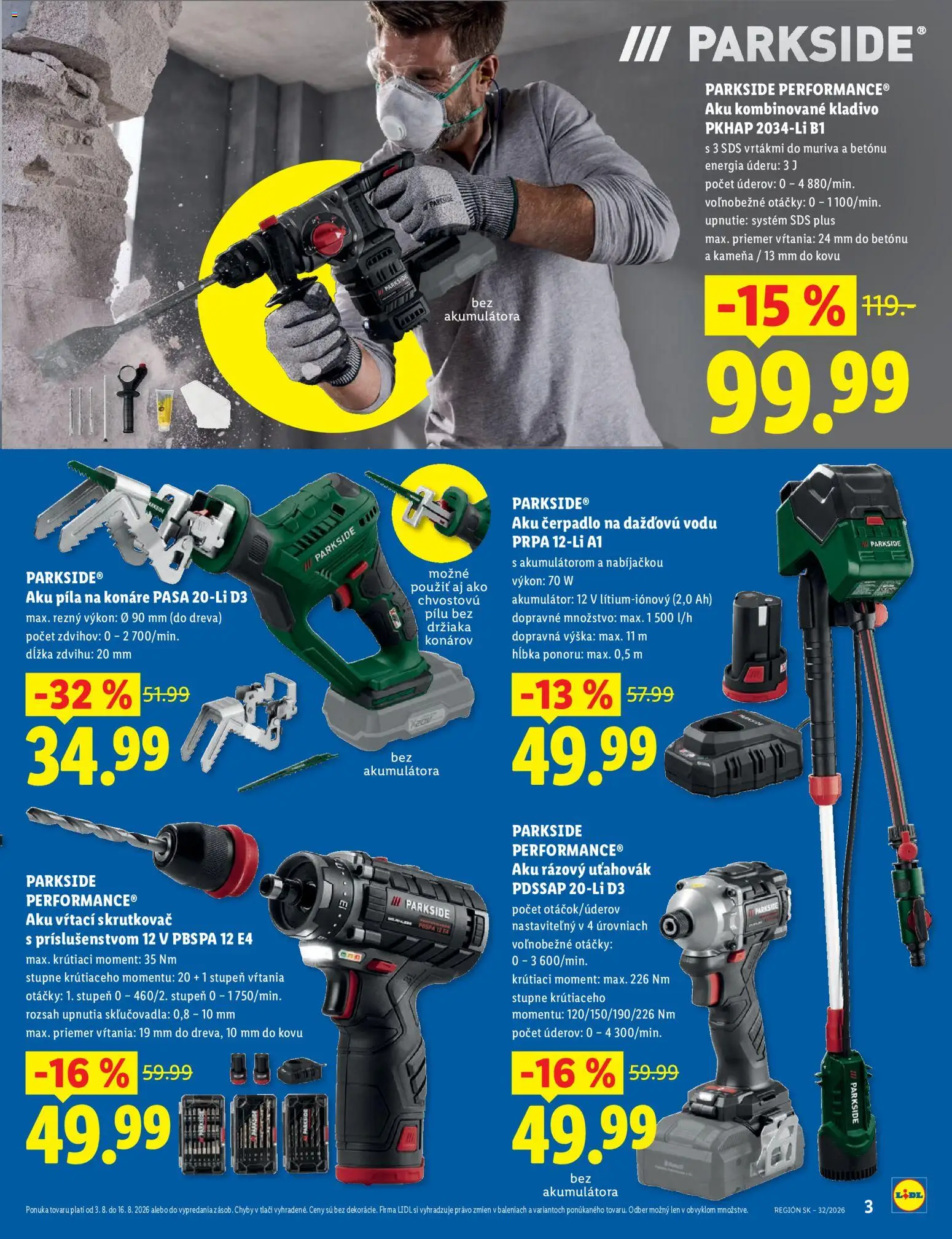 Nové Lidl akcie – leták je platný od 03.08.2026 | Strana: 3 | Produkty: Aku píla, Skrutkovač, Píla, Čerpadlo