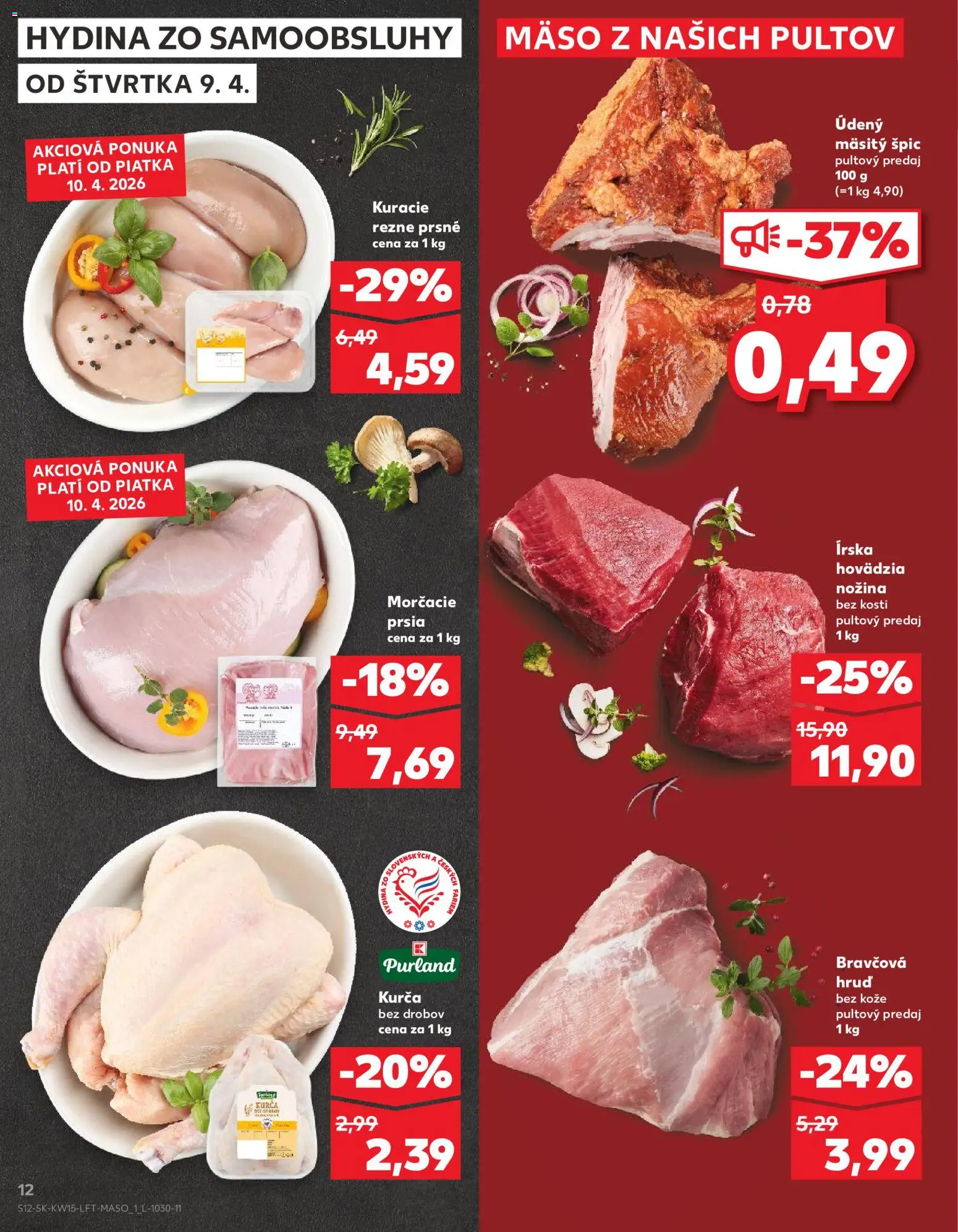 Nové Kaufland akcie – leták je platný od 09.04.2026 | Strana: 12 | Produkty: Mäso, Kuracie rezne, Morčacie prsia, Kurča