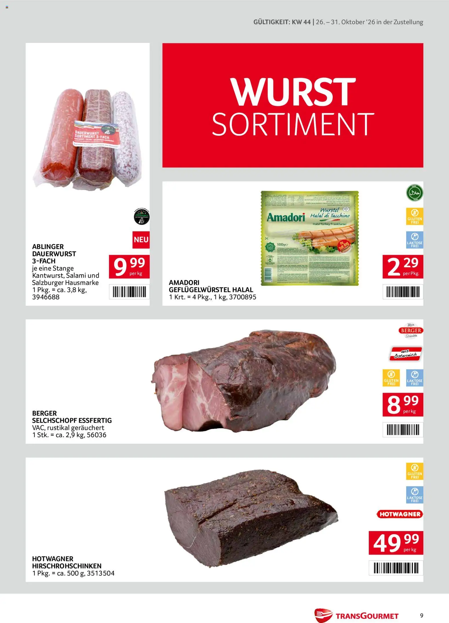 Transgourmet Flugblatt gültig ab 26.10.2026 | Seite: 9 | Produkte: Wurst, Salami
