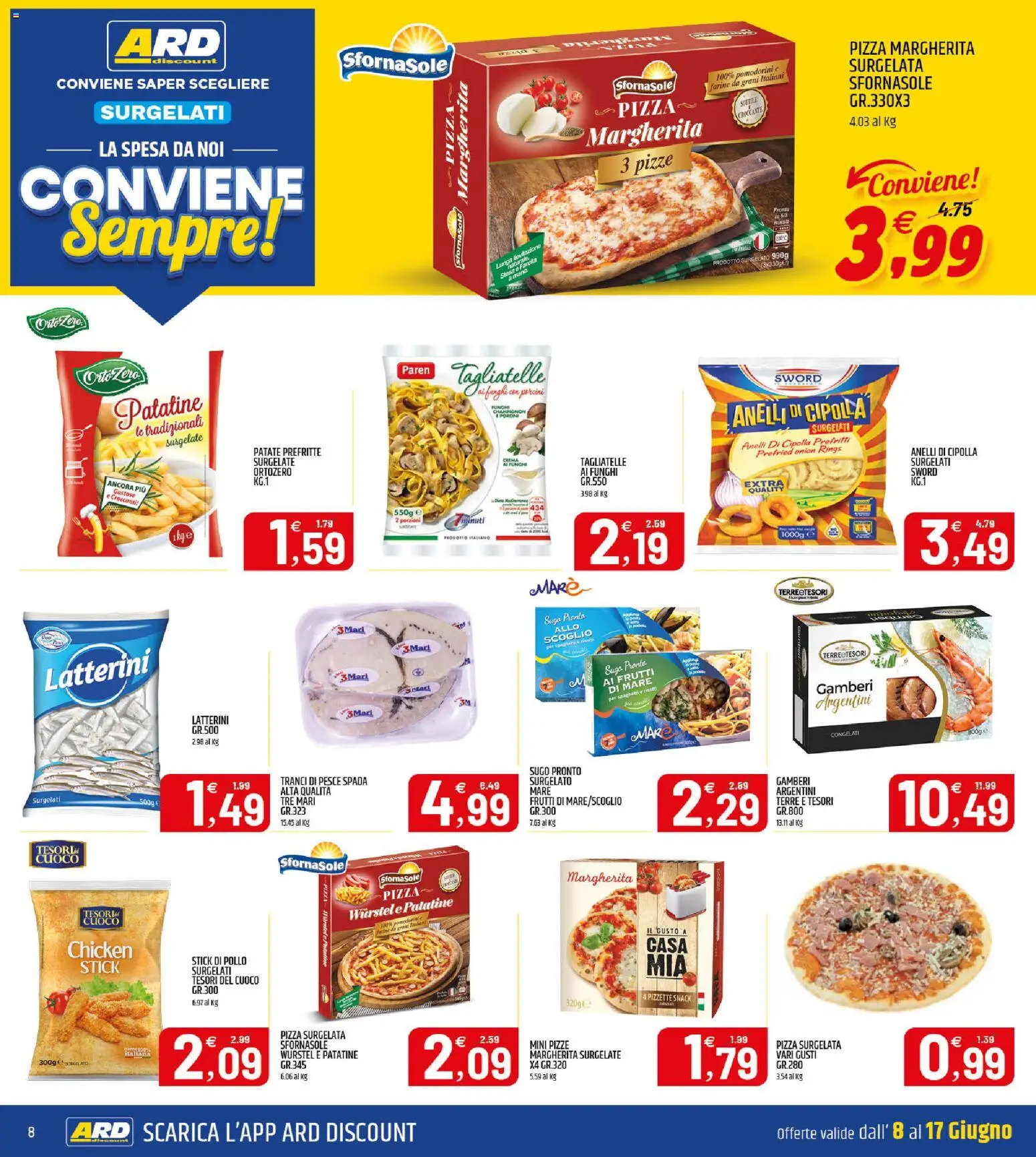 Volantino ARD Discount del 08.06.2026 | Pagina: 8 | Prodotti: Pizza, Tagliatelle, Patatine, Frutti di mare